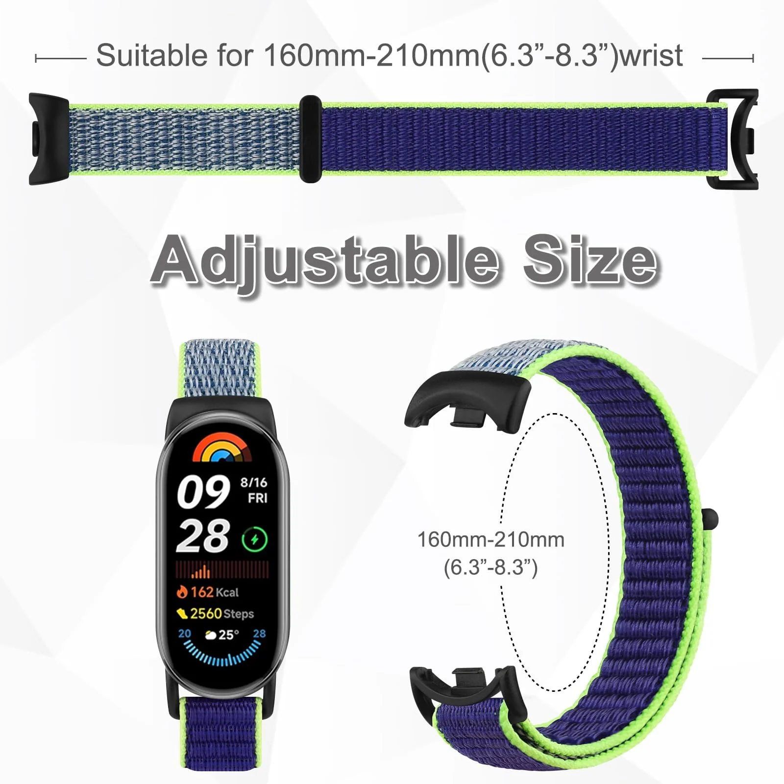 DL3 Mobilak Nylon Sport Band Compatible with Xiaomi Mi Band 10/9/8 for Women Men, Soft Adjustable Breathable Sport Loop Watch Strap Replacement Wristband for Xiaomi Smart Band 8/9/10 - Lime