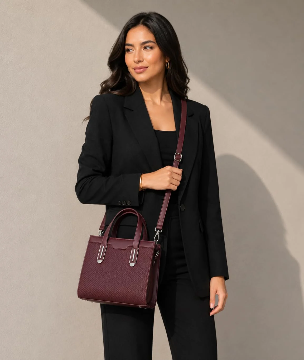 Mobigon Elegant Women’s Handbag with Shoulder Strap, Textured Leather Baguette Purse with Gold Clasp, Magnetic Snap & Zipper Compartments, Structured Top Handle Bag for Work & Daily Use - Burgundy 2