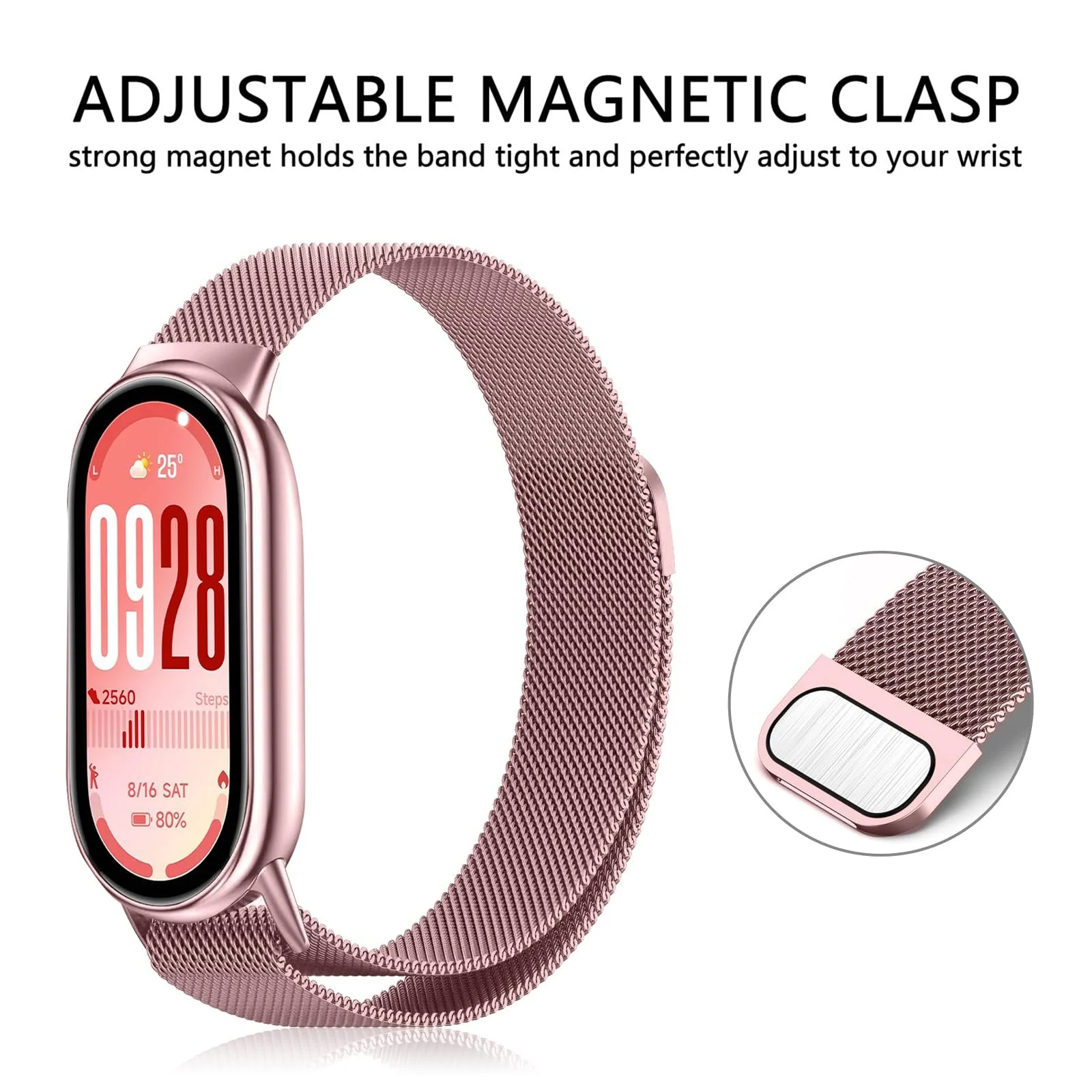 DL3 Mobilak Bracelet Compatible with Xiaomi Mi Band 10/9/8, Stainless Steel Replacement Straps, Mesh Metal Watch Strap, Magnetic Adjustable Replacement Strap For Xiaomi Smart Band 8/9/10 - Pink