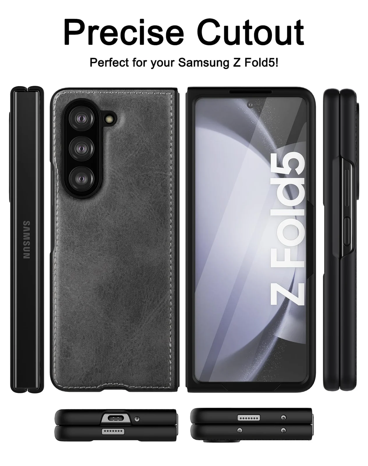 DL3 Mobilak Leather Protective Case for Samsung Galaxy Z Fold 5, Supports wireless charging, Hands-free phone support, Slim, lightweight profile - Gray