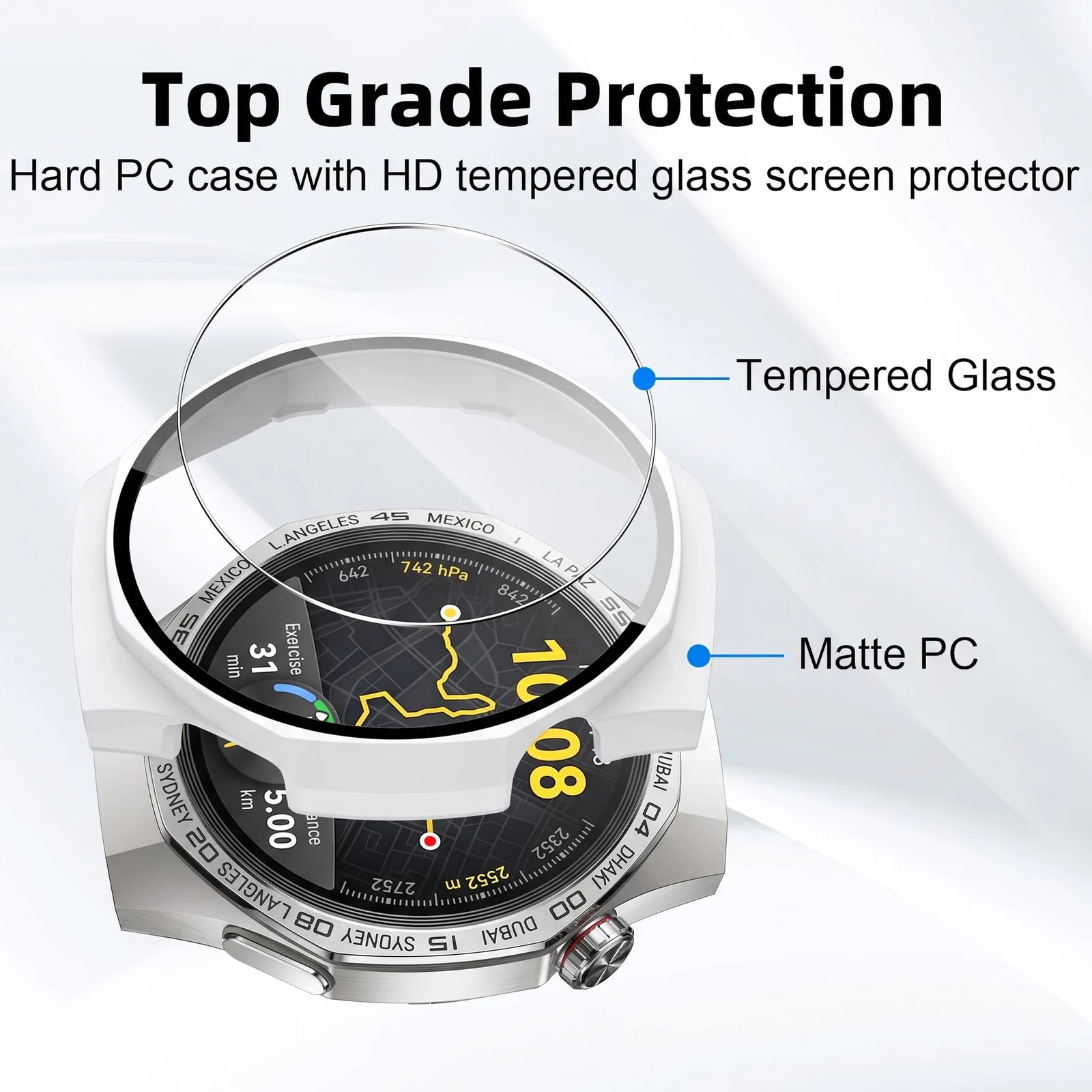 DL3 MOBILAK Full-Coverage Watch Case with Tempered Glass for Huawei Watch GT 5 Pro 46 mm, White