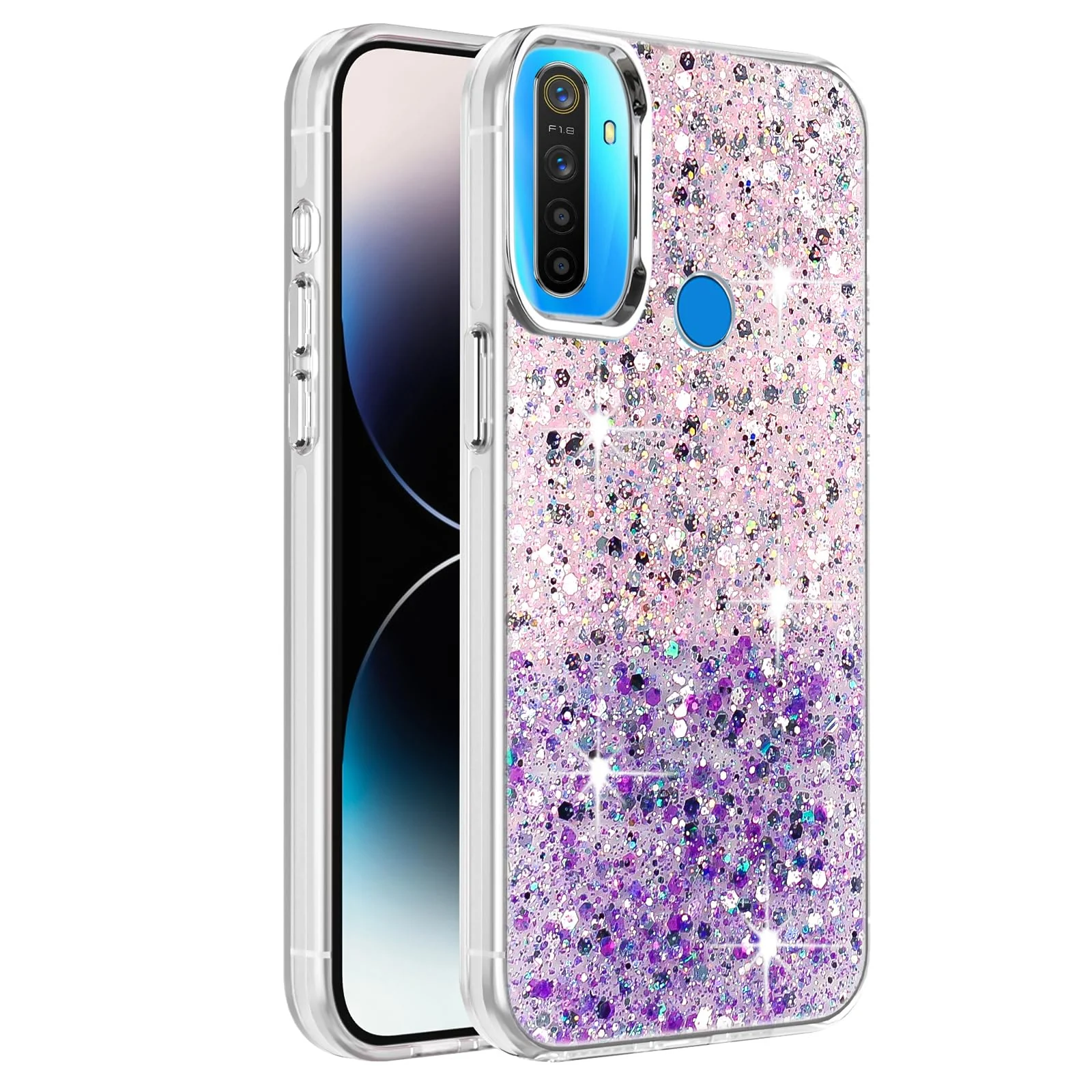 DL3 Mobilak Glitter Protective Case for OPPO realme 5 / 5s / 5i / 6i / C3 / Narzo 10A, Supports wireless charging, Camera protection, Shock-absorbing protection - Pink Purple