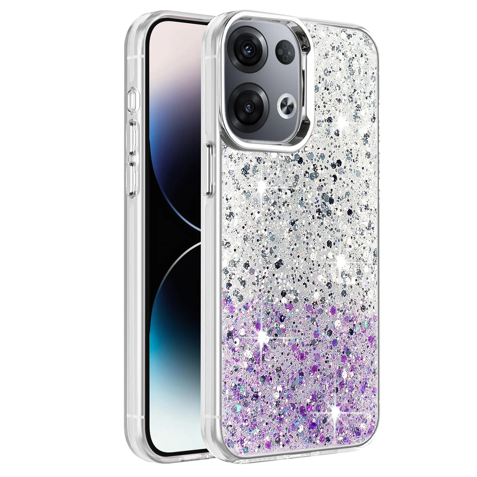 DL3 Mobilak Glitter Protective Case for OPPO Reno 8 Pro 5G / Reno8 Pro + Plus 5G, Supports wireless charging, Camera protection, Shock-absorbing protection - White Purple