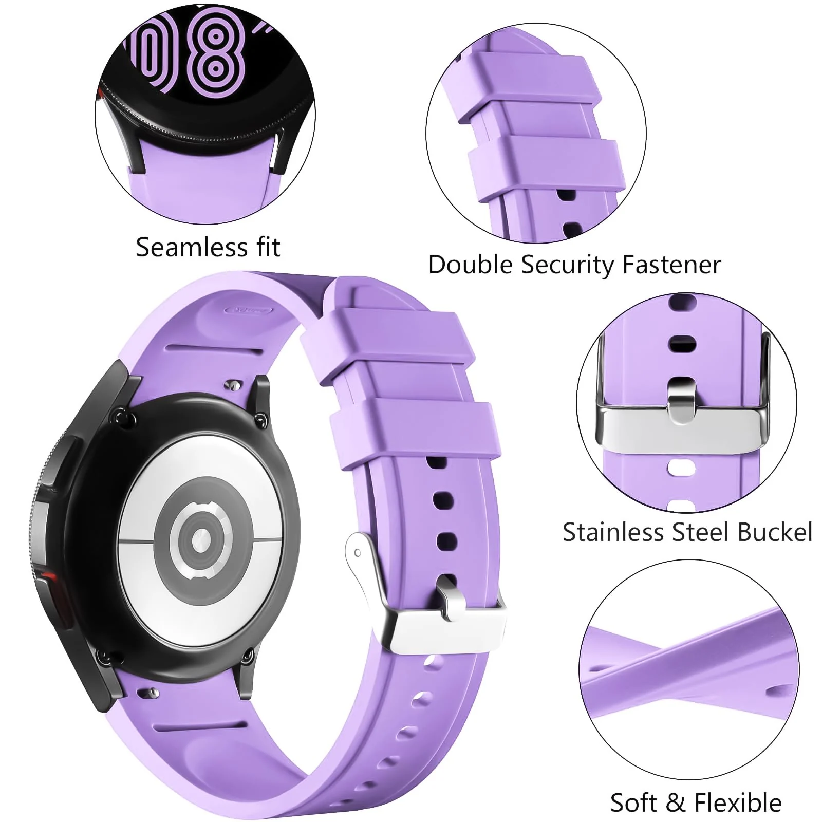 DL3 Mobilak No Gap Bands Compatible with Samsung Galaxy Watch 7 5 4 6 Band 44mm 40mm/Watch 5 Pro 45mm/Galaxy Watch 4 Classic 46mm 42mm Strap,20mm Quick Release Sport Replacement Bands for Women Men - Purple