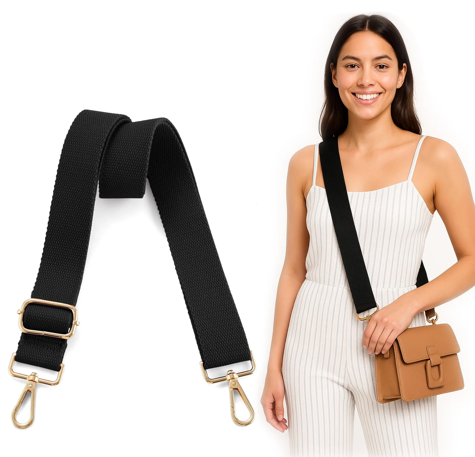 DL3 Mobilak Adjustable Wide Crossbody Bag Strap for Women, Replacement Shoulder Strap for Handbags, Totes & Purses with Elegant Embroidered Pattern and Metal Hooks - Black