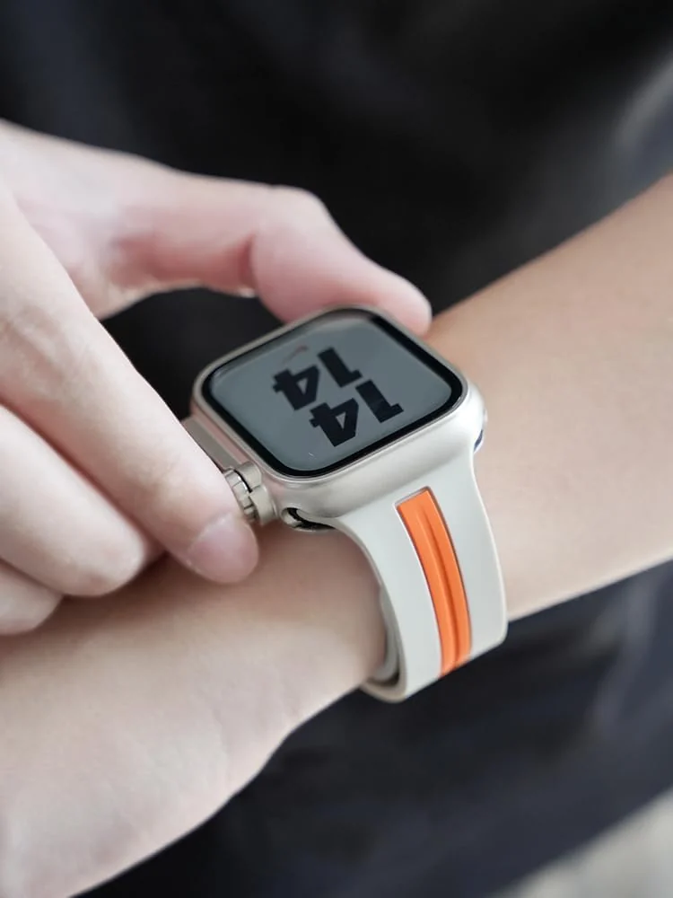 DL3 Mobilak Magnetic Strap for Apple Watch Band 49mm 45mm 44mm 41mm 40mm 38mm 42mm, Silicone Replacement Wristband Strap for iwatch Series 9 8/7/6/5/4/3/2/SE (42mm/44mm/45mm/49mm) - Starlight Orange