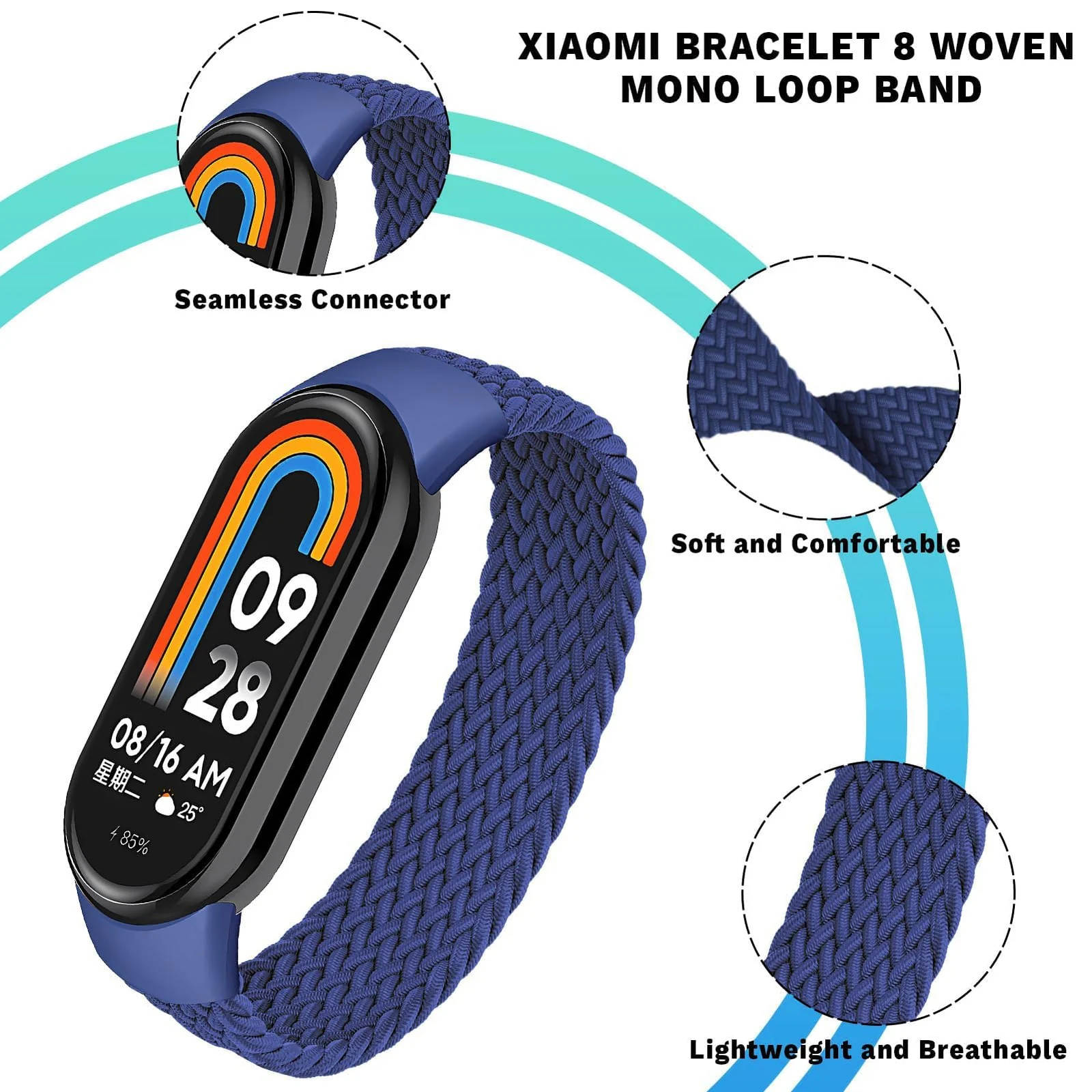 DL3 Mobilak Braided Solo Loop Band for Xiaomi Mi Band 9/Xiaomi Mi Band 8 Strap Women Men, Soft Elastic Nylon Replacement Wristband for Xiaomi Smart Band 9/8 Strap - Blue