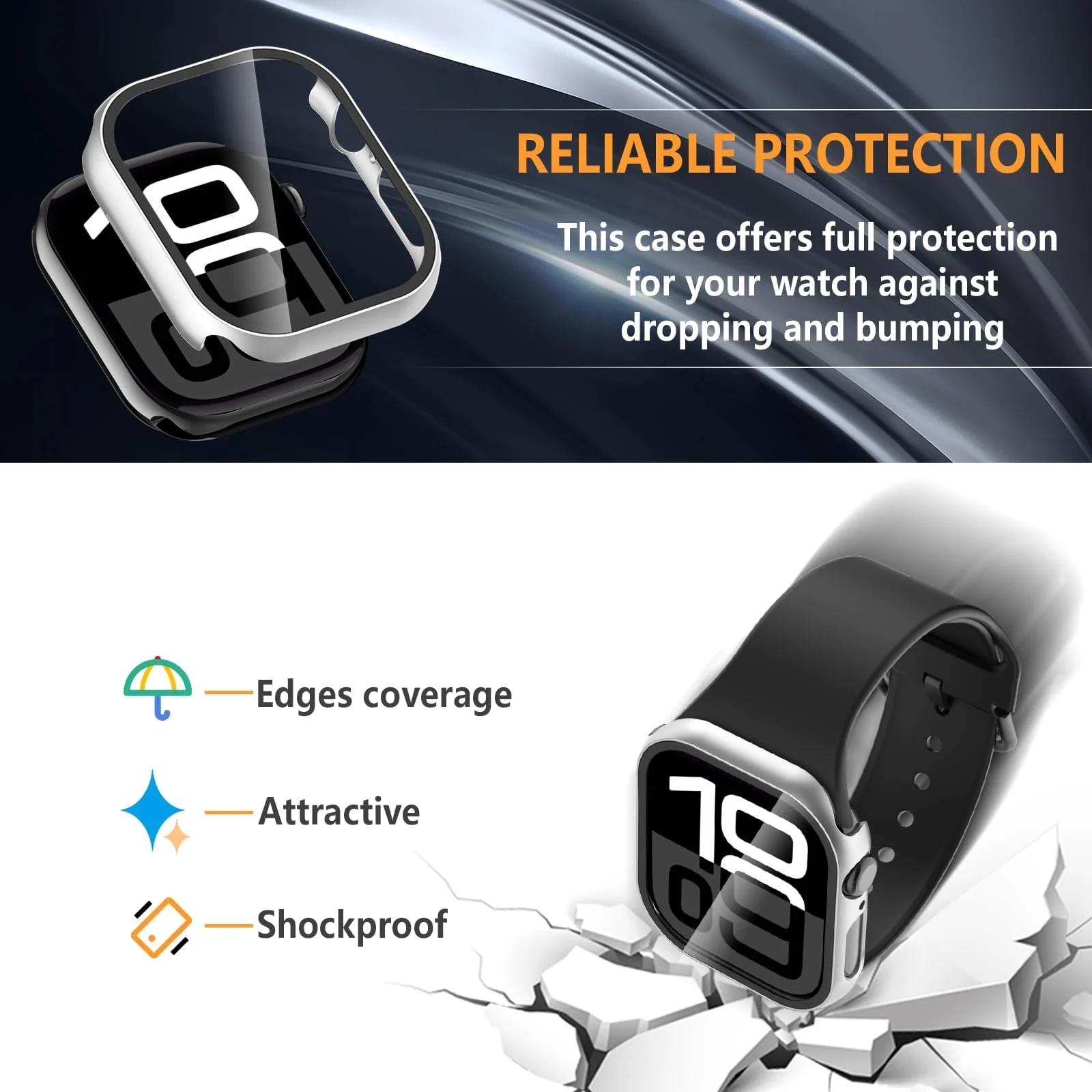 DL3 Mobilak Case with Screen Protector for Apple Watch Series 10 46mm, Bumper Full Coverage Hard PC Overall Protective Cover, Built-in Tempered Glass Film High Sensitivity - Silver