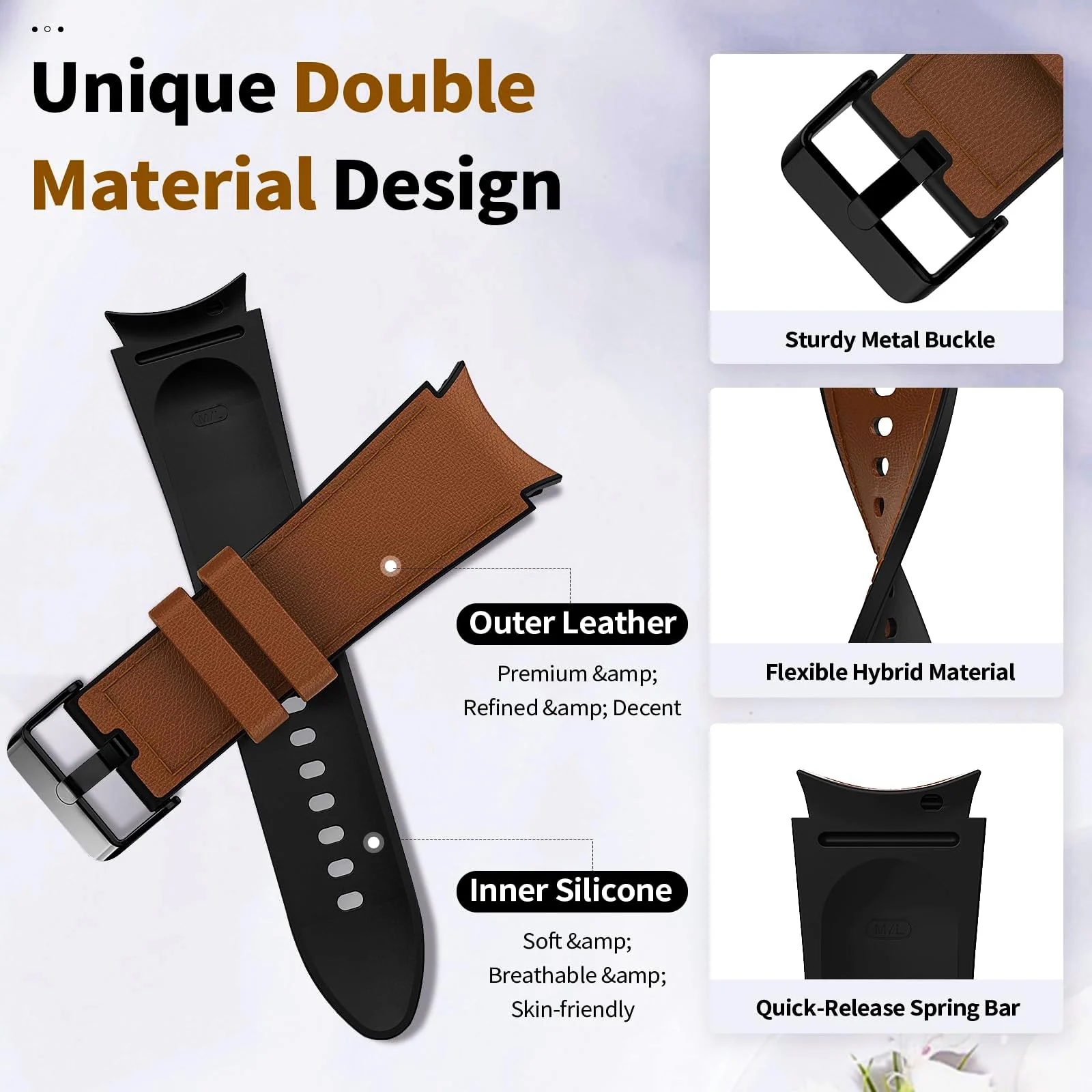 DL3 Mobilak No Gap Leather silicone Bands Compatible with Samsung Galaxy Watch 6 5 4 40mm 44mm, Galaxy Watch 5 Pro Band 45mm/ Watch 6 4 Classic Band 42mm 46mm 43mm 47mm Soft Strap - Brown