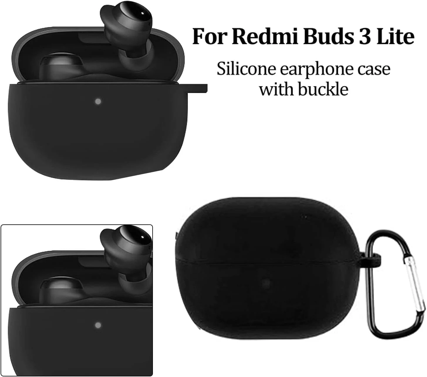 DL3 Mobilak Silicone Case Compatible with Xiaomi Redmi Buds 3 Lite Earbuds, Soft Silicone Protective Case Cover, Shockproof Sleeve with Carabiner - Black