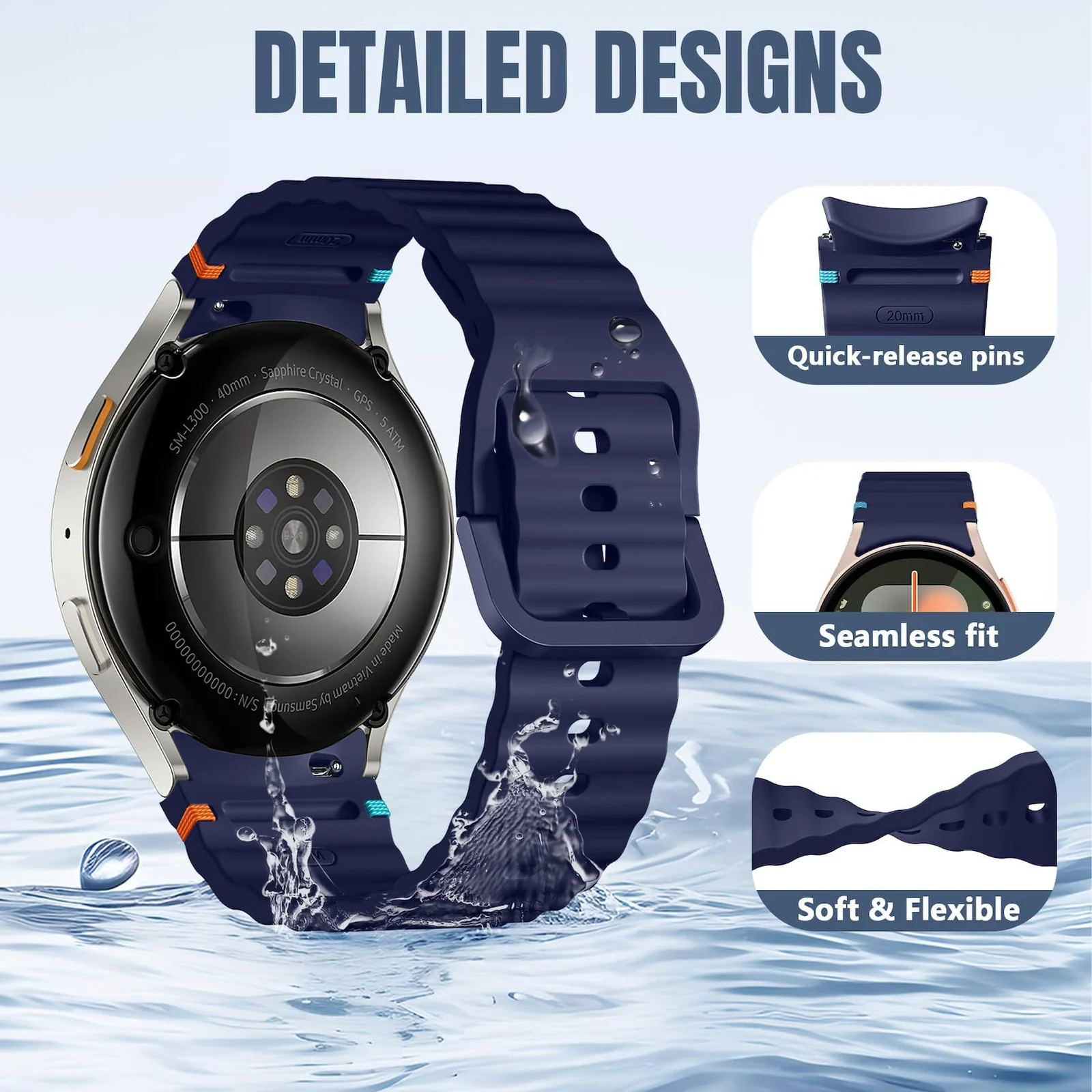 DL3 Mobilak No Gap Sport Bands For Samsung Galaxy Watch 7 6 5 4 FE Strap 40mm 44mm, Soft Silicone Sport Band for Galaxy Watch 6 Classic Straps 47mm 43mm/Galaxy Watch 5 Pro/Watch 4 Classic 42mm 46mm for Men Women - Midnight Blue
