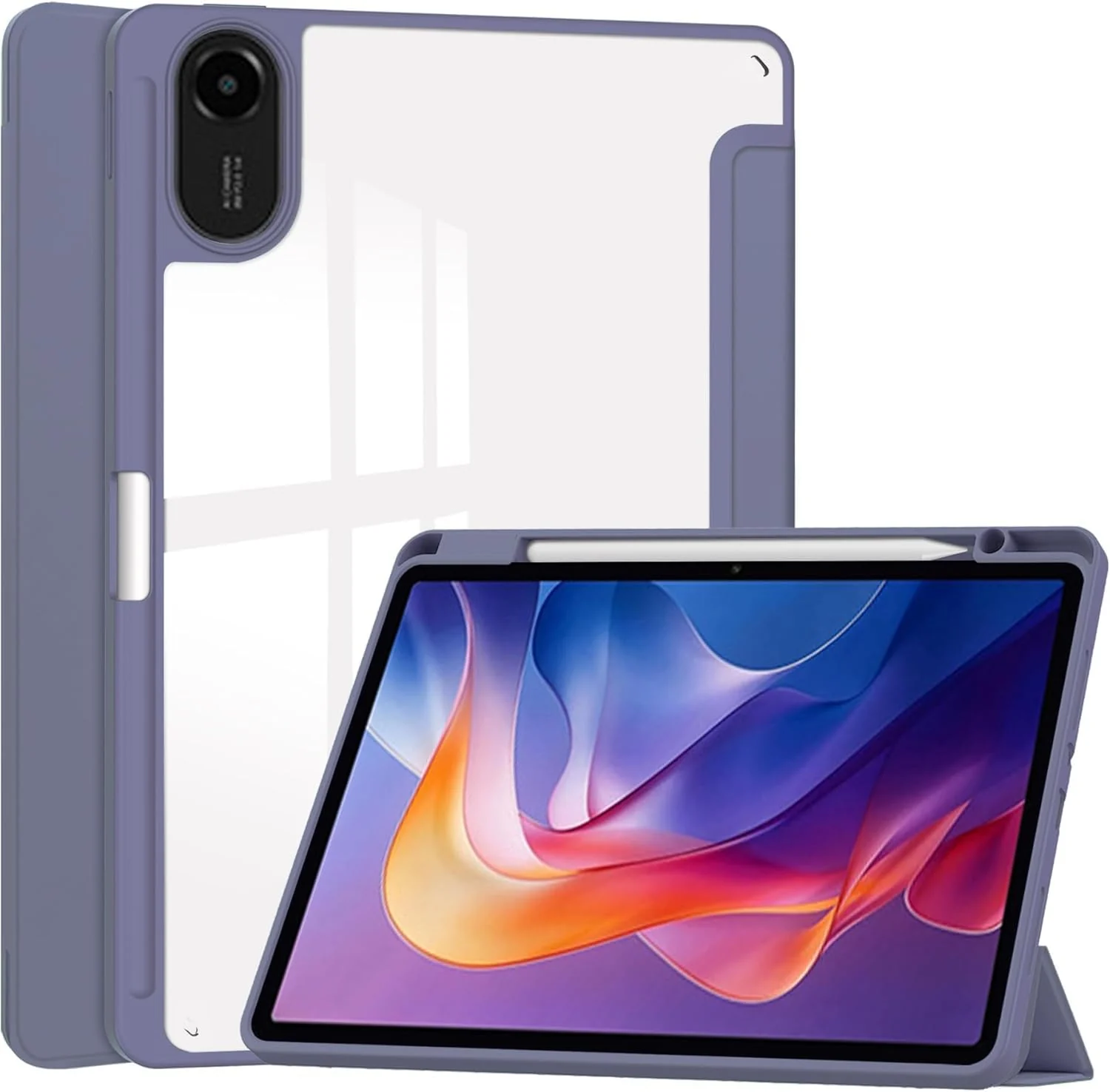DL3 Mobilak Case for Xiaomi Redmi Pad 2 2025 11 inch with Built-in Pencil Holder, Clear Transparent PC Back, Shockproof Tri-Fold Stand Tablet Cover, Auto Wake/Sleep