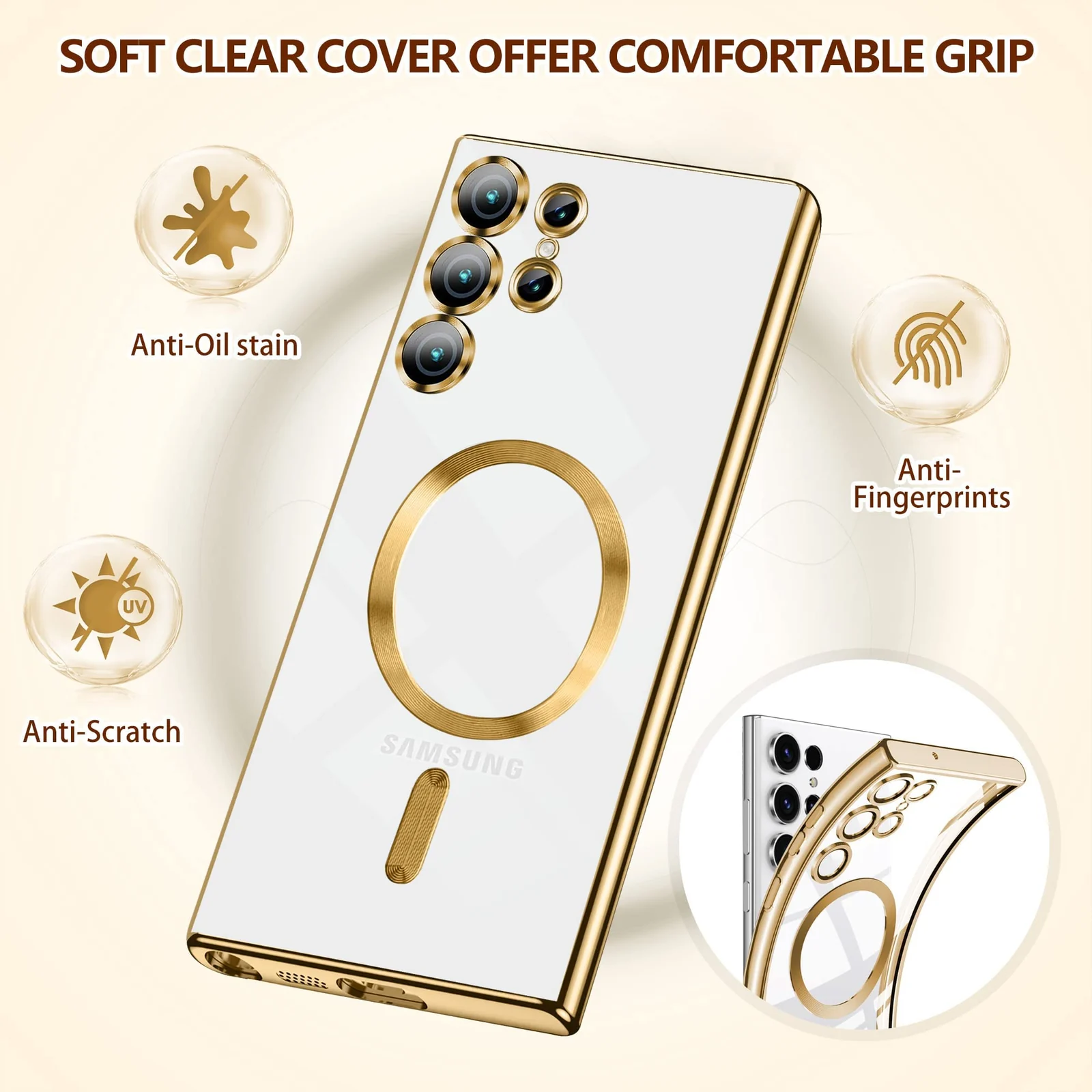 DL3 Mobilak Clear TPU Case with Electroplated Edges for Samsung Galaxy S22 Ultra with Camera Protection - Gold