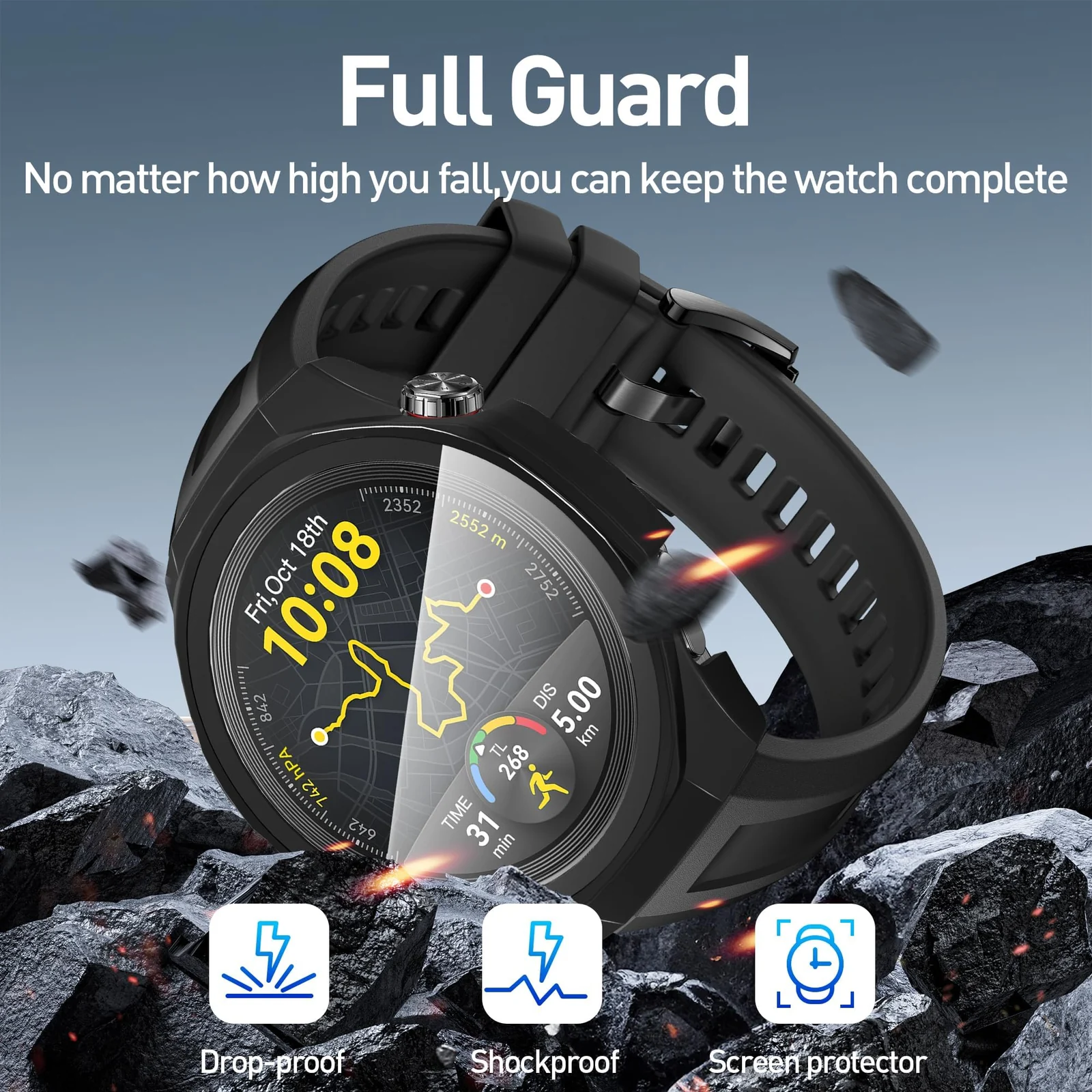 DL3 Mobilak Case with Screen Protector for Huawei Watch GT5 Pro 46mm, Bumper Full Coverage Hard PC Overall Protective Cover, Built-in Tempered Glass Film High Sensitivity - Black