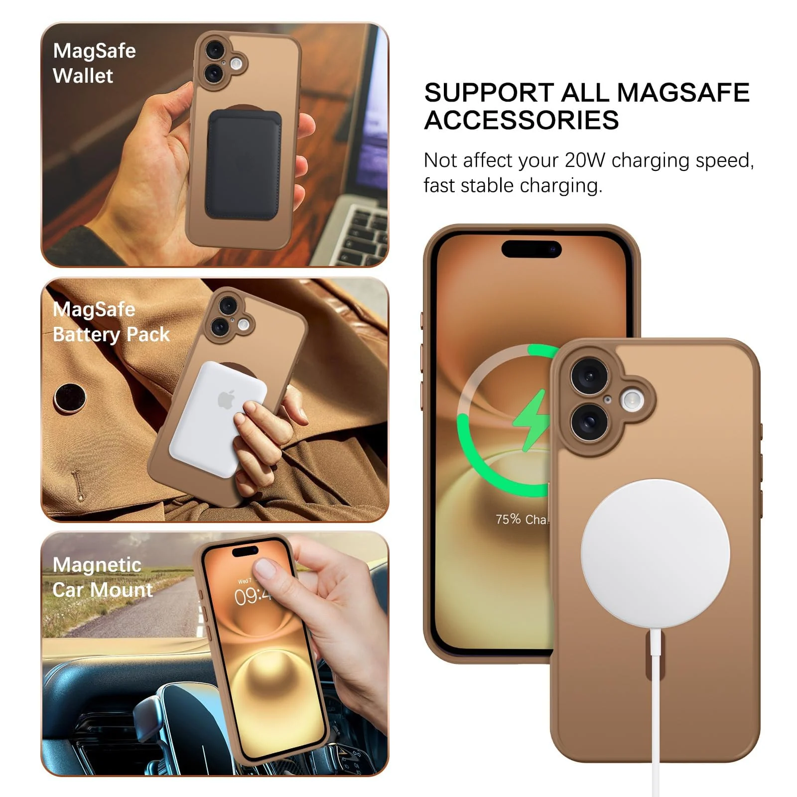 DL3 Mobilak Matte MagSafe-Compatible Magnetic Case for iPhone 16 with Camera Protection and Magnetic Car-Mount Support - Brown