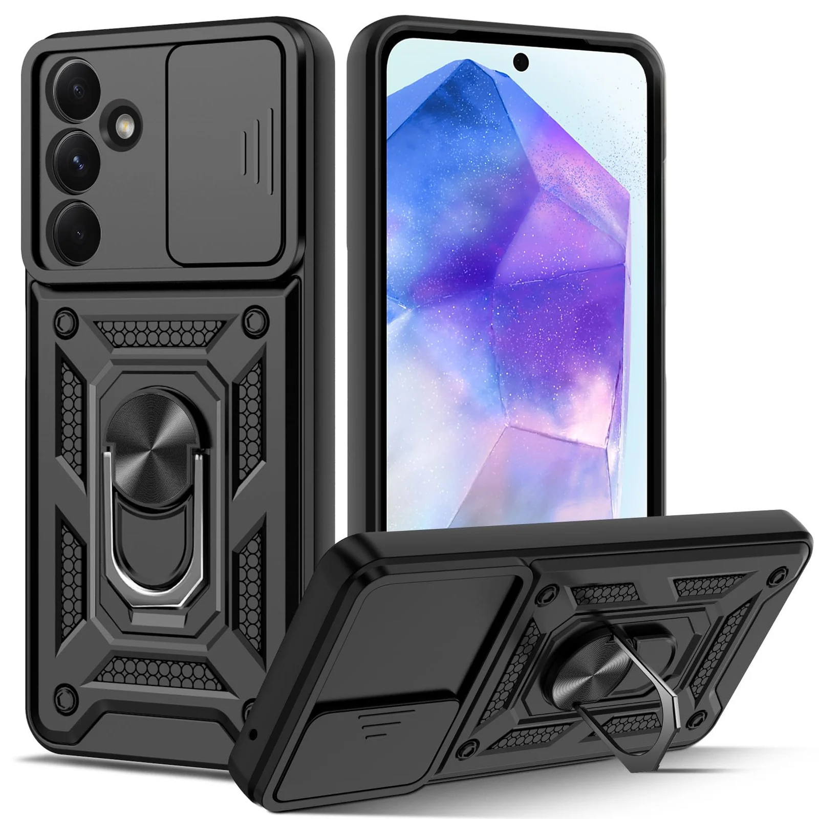 DL3 Mobilak Silicone Protective Case for Samsung Galaxy S21 FE 5G with Slide Camera, Built-in magnetic car-mount support, Shock-absorbing protection, Built-in kickstand - Black