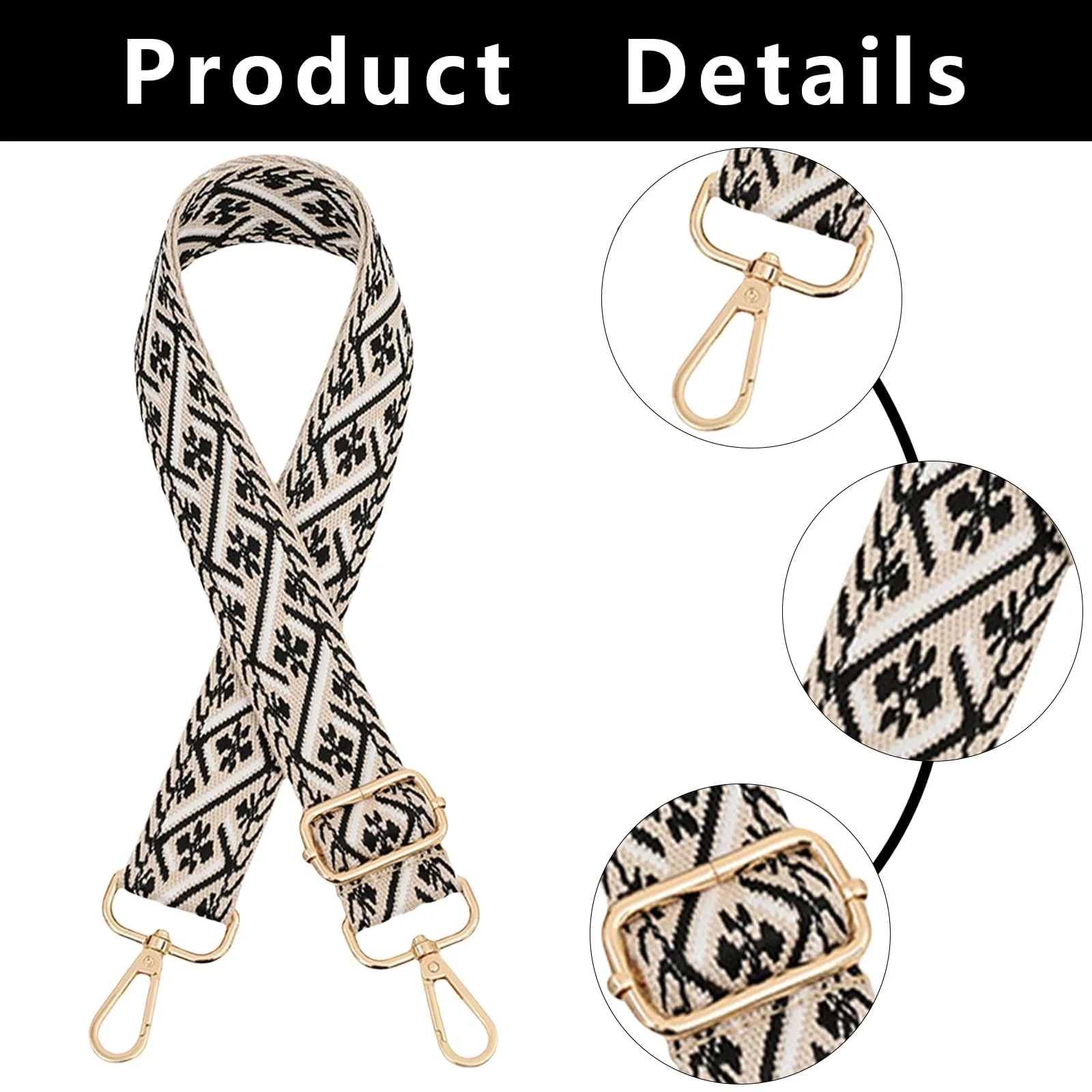 DL3 Mobilak Adjustable Wide Crossbody Bag Strap for Women, Replacement Shoulder Strap for Handbags, Totes & Purses with Elegant Embroidered Pattern and Metal Hooks - Beige Black