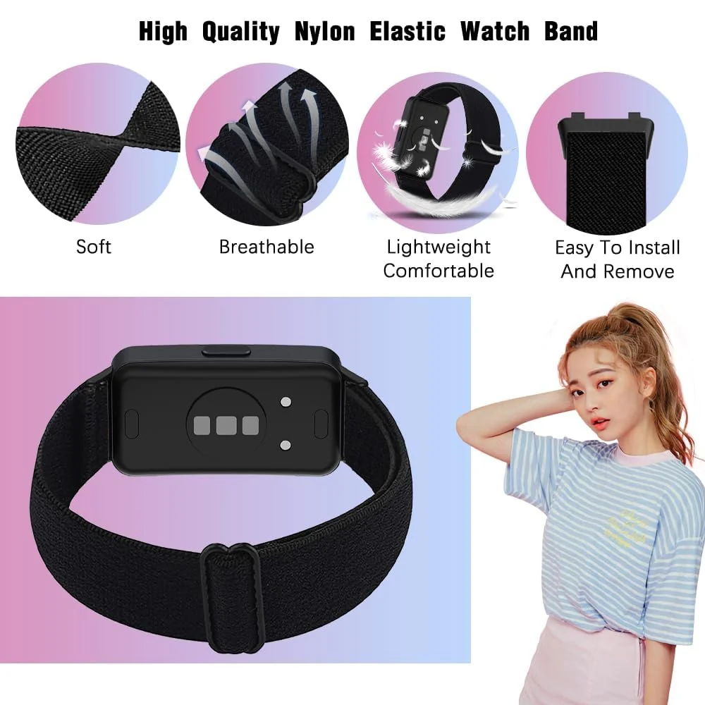 DL3 Mobilak Strap Compatible with Huawei Band 8 / Huawei Band 9 / Huawei Band 10, Soft Elastic Nylon Straps, Adjustable Stretchy Sports Replacement Bracelets Wristbands for Women Men - Black