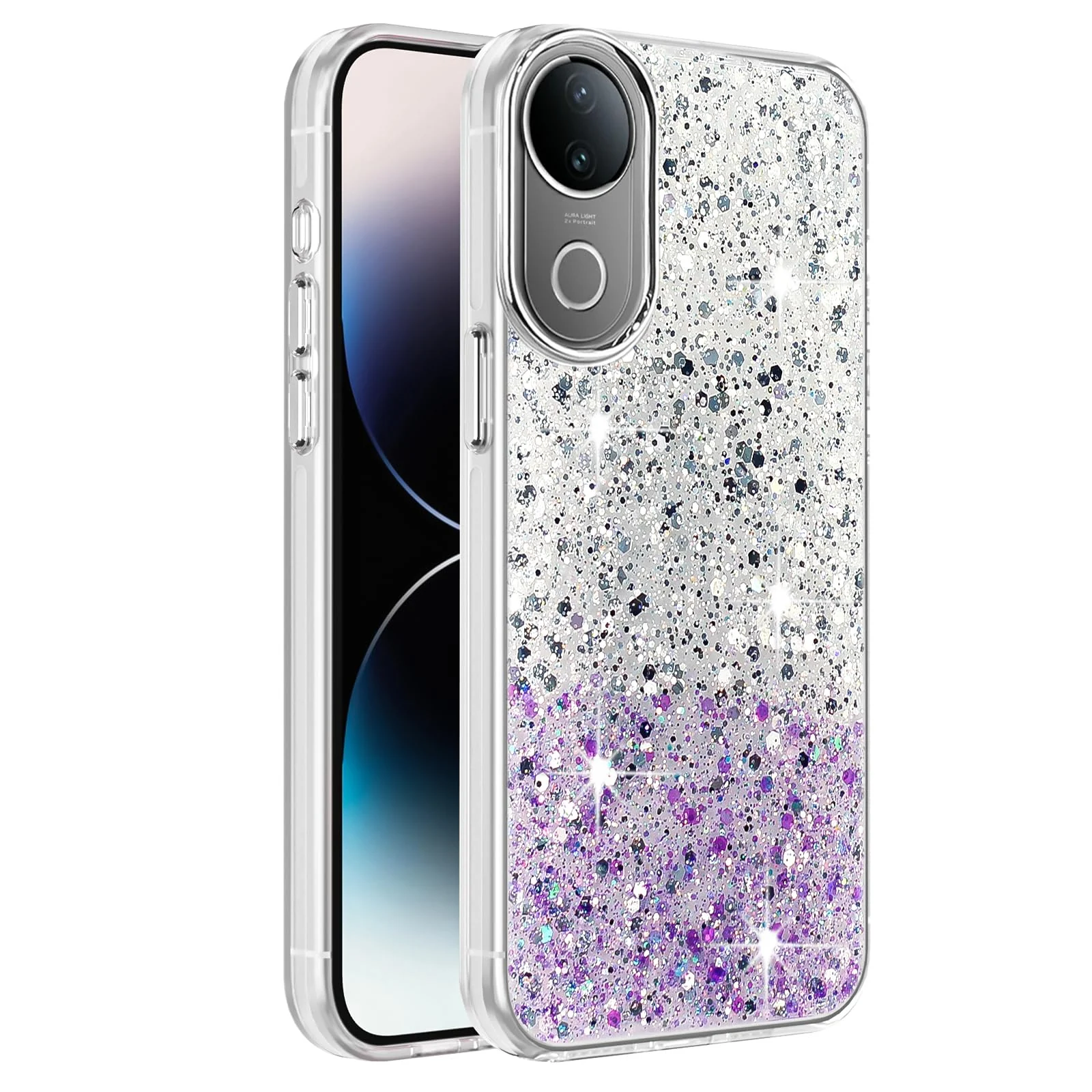 DL3 Mobilak Glitter Protective Case for vivo V50 5G / vivo V50e 5G, Supports wireless charging, Camera protection, Shock-absorbing protection - White Purple