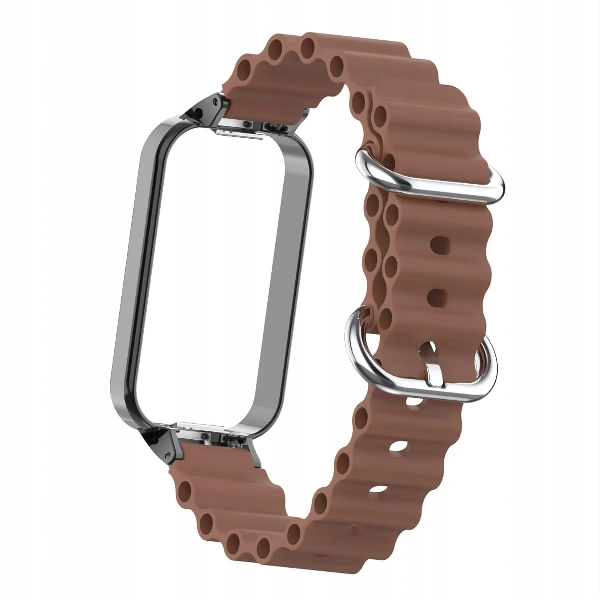 DL3 Mobilak Ocean Strap Compatible with Xiaomi Redmi Band 2/Smart Band 8 Active, Adjustable Silicone Band with Metal Buckle and Frame for Women and Men - Brown