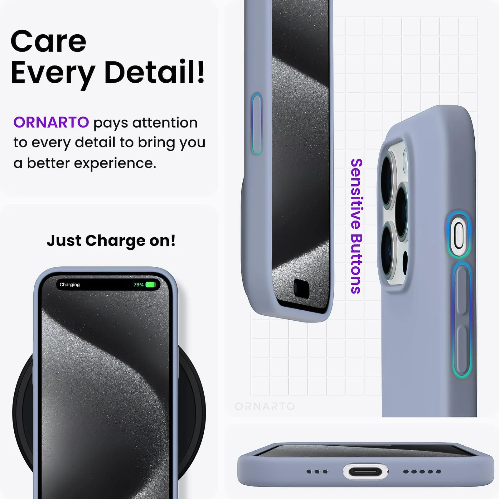 DL3 Mobilak Liquid Silicone Protective Case for iPhone 15 Pro Max with Camera Protection and Microfiber Lining - Lavender Gray