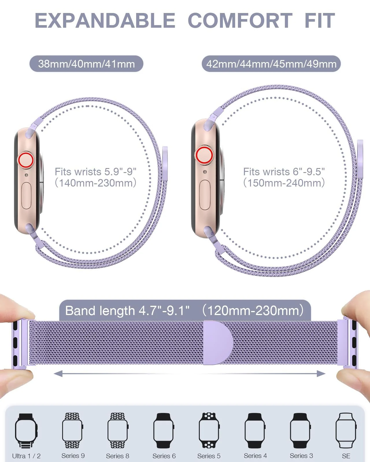 DL3 MOBILAK Milanese Loop Compatible With Apple Watch 38mm 40mm 41mm 42mm(Series 11 10), Stainless Steel Mesh Band Magnetic Clasp, Adjustable Metal Strap for iWatch Series 11 10 9 8 7 6 5 4 3 2 1 SE - A.Lavender