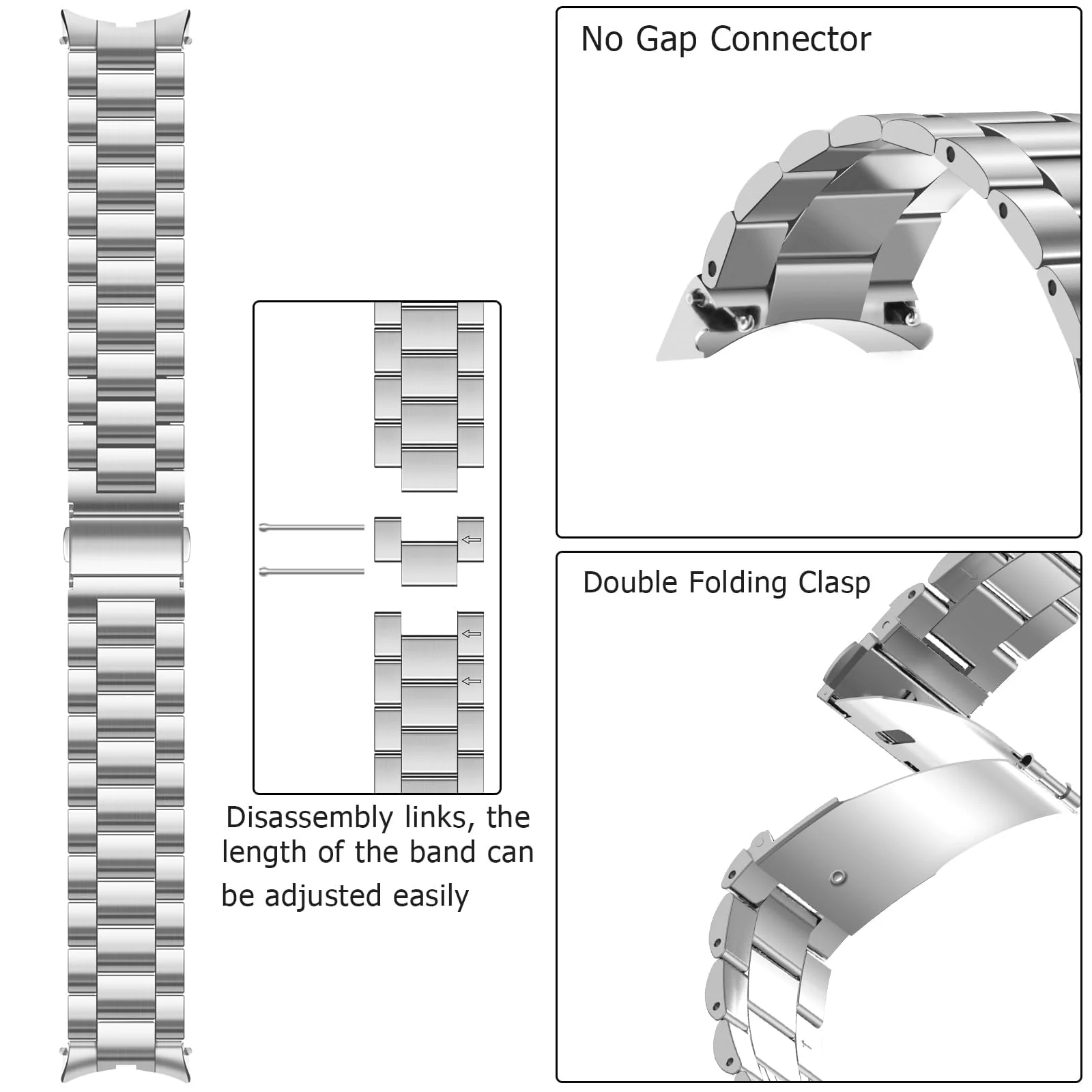 DL3 Mobilak No Gap Straps Compatible with Samsung Galaxy Watch 7/6/5/4 44mm 40mm, 20mm Metal Band for Galaxy Watch FE/6 Classic 47mm 43mm/5/5 Pro 45mm/4/4 Classic 46mm 42mm - Silver