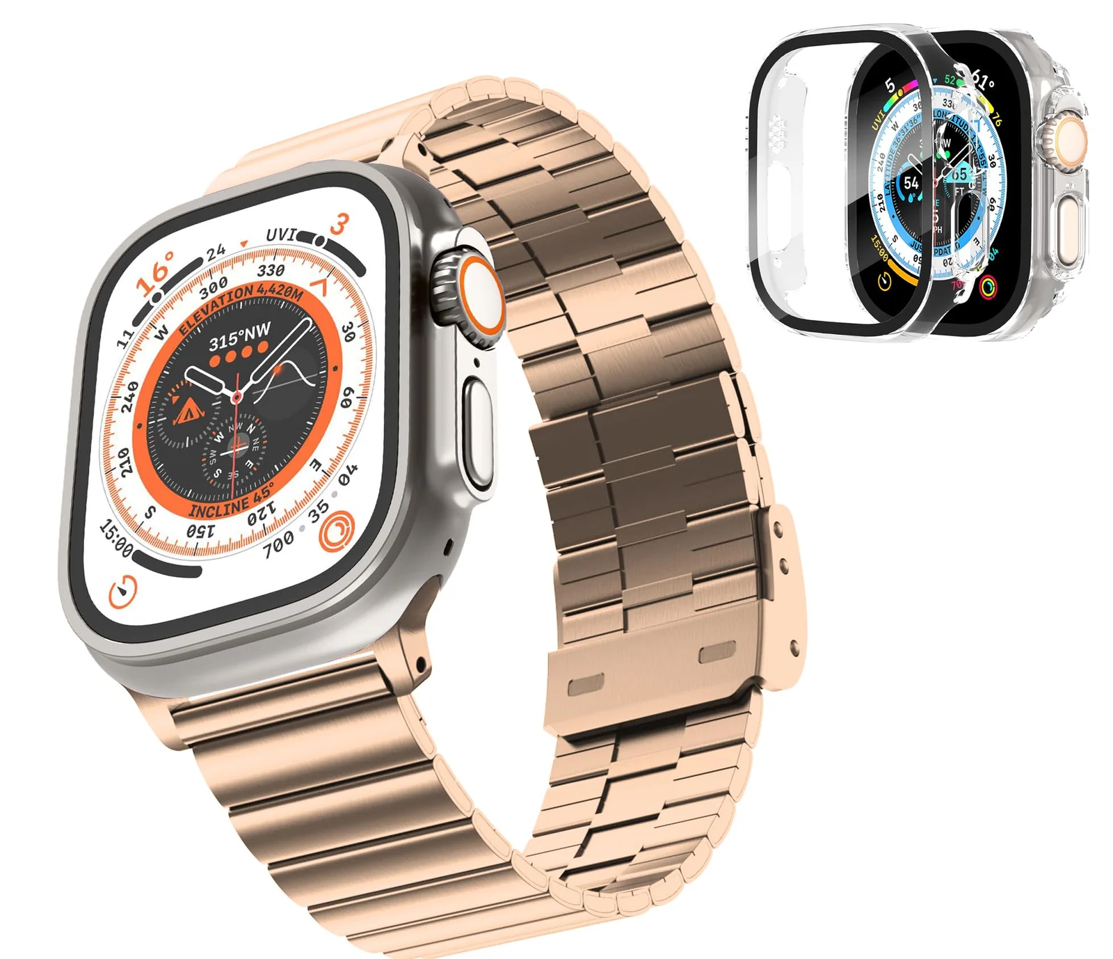 DL3 Mobilak Case with Strap For Apple Watch Ultra 2 49mm Stainless Steel Metal Straps, Hard PC Case With Glass Screen Protector Cover with Strap Bands for Apple Watch Ultra 49mm - Rose Gold