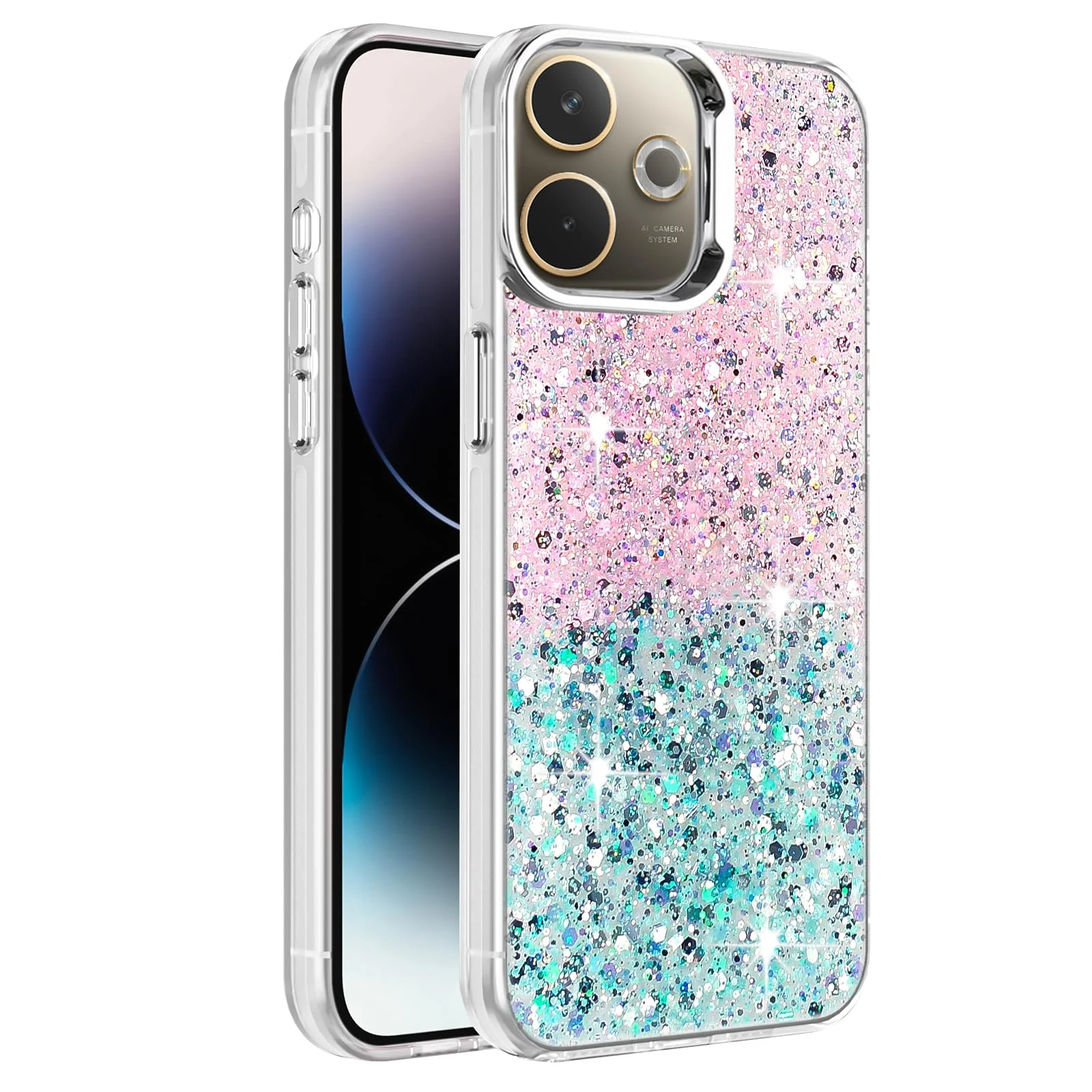 DL3 Mobilak Glitter Protective Case for OPPO A5 Pro 5G / 4G, Supports wireless charging, Camera protection, Shock-absorbing protection - Pink Green