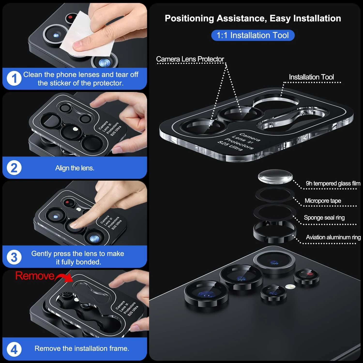 DL3 Mobilak for Samsung Galaxy S25 Ultra Camera Lens Protector, Individual Lens Protectors, Scratch-Resistant Ultra-Thin Tempered Glass with Aluminum Ring Cover, Galaxy S25 Ultra Case Friendly - Black