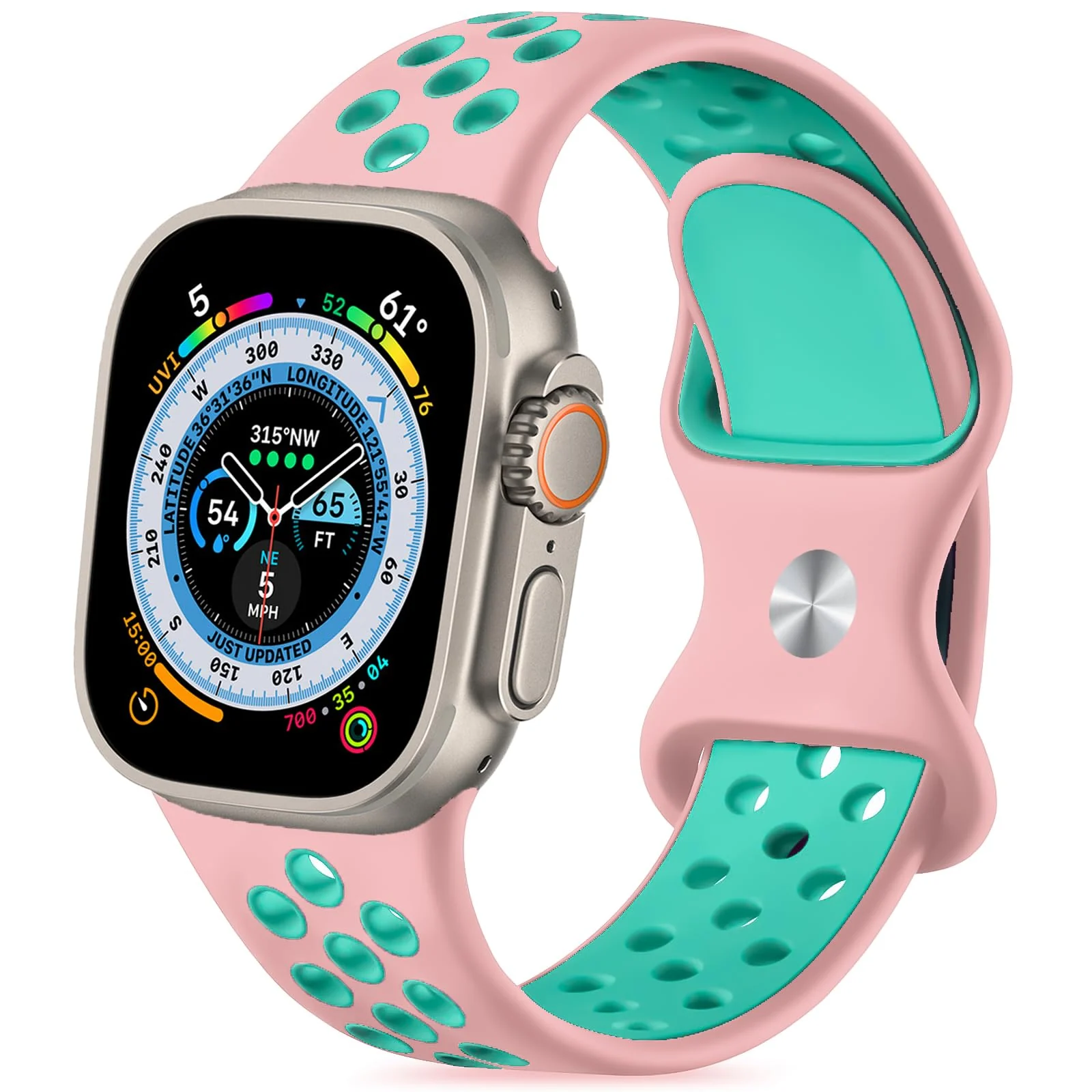 42mm/44mm/45mm/49mm — DL3 Mobilak Sport Strap For Apple Watch 49mm 45mm 44mm 42mm 41mm 40mm 38mm, Breathable Silicone Double Hole Band, for iWatch Ultra 2 Series 9 8 7 6 5 4 3 SE (&, 42mm/44mm/45mm/49mm) - Pink & Cyan