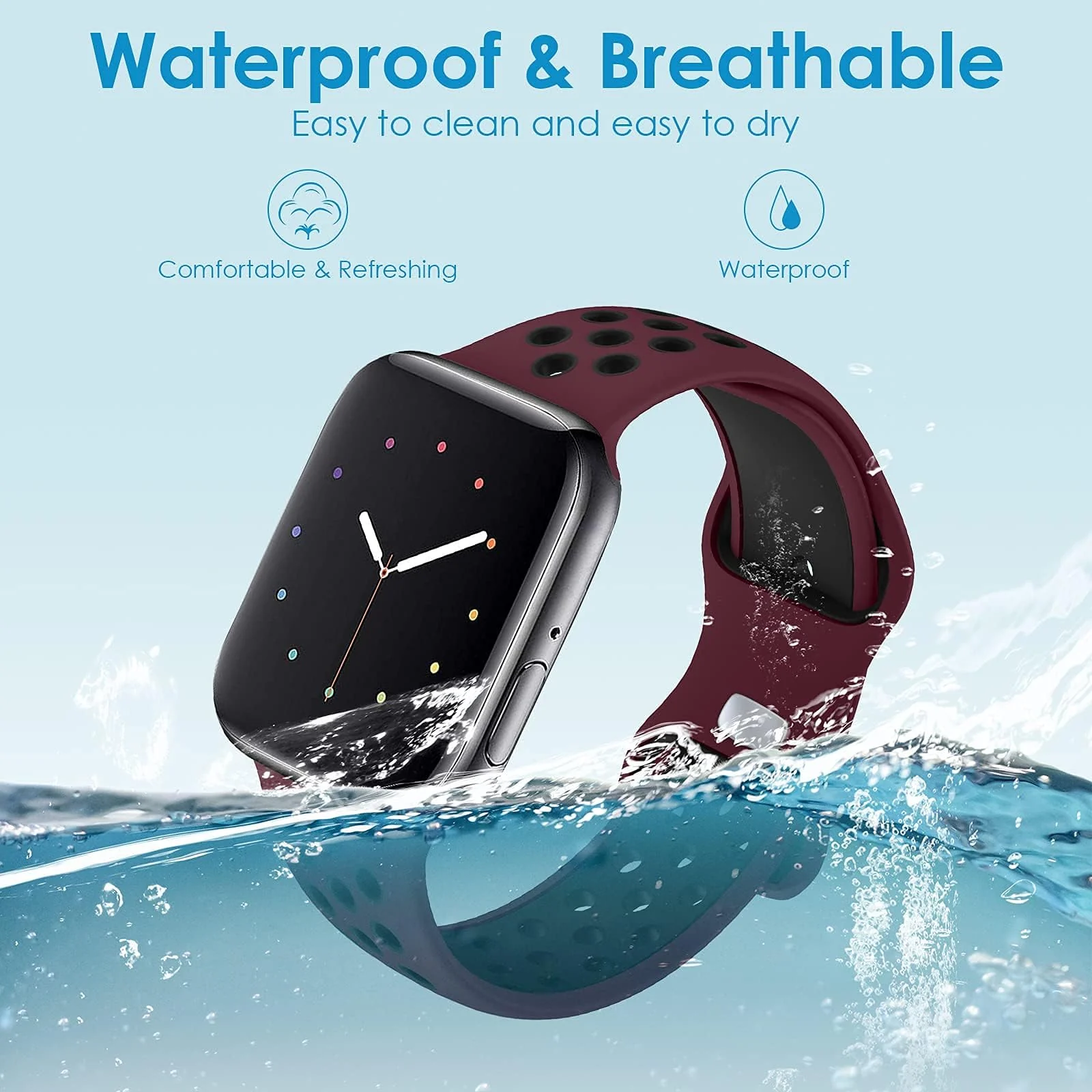 DL3 Mobilak Sport Strap For Apple Watch 49mm 45mm 44mm 42mm 41mm 40mm 38mm, Breathable Silicone Double Hole Band, for iWatch Ultra 2 Series 9 8 7 6 5 4 3 SE (&, 38mm/40mm/41mm) - Wine Red & Black