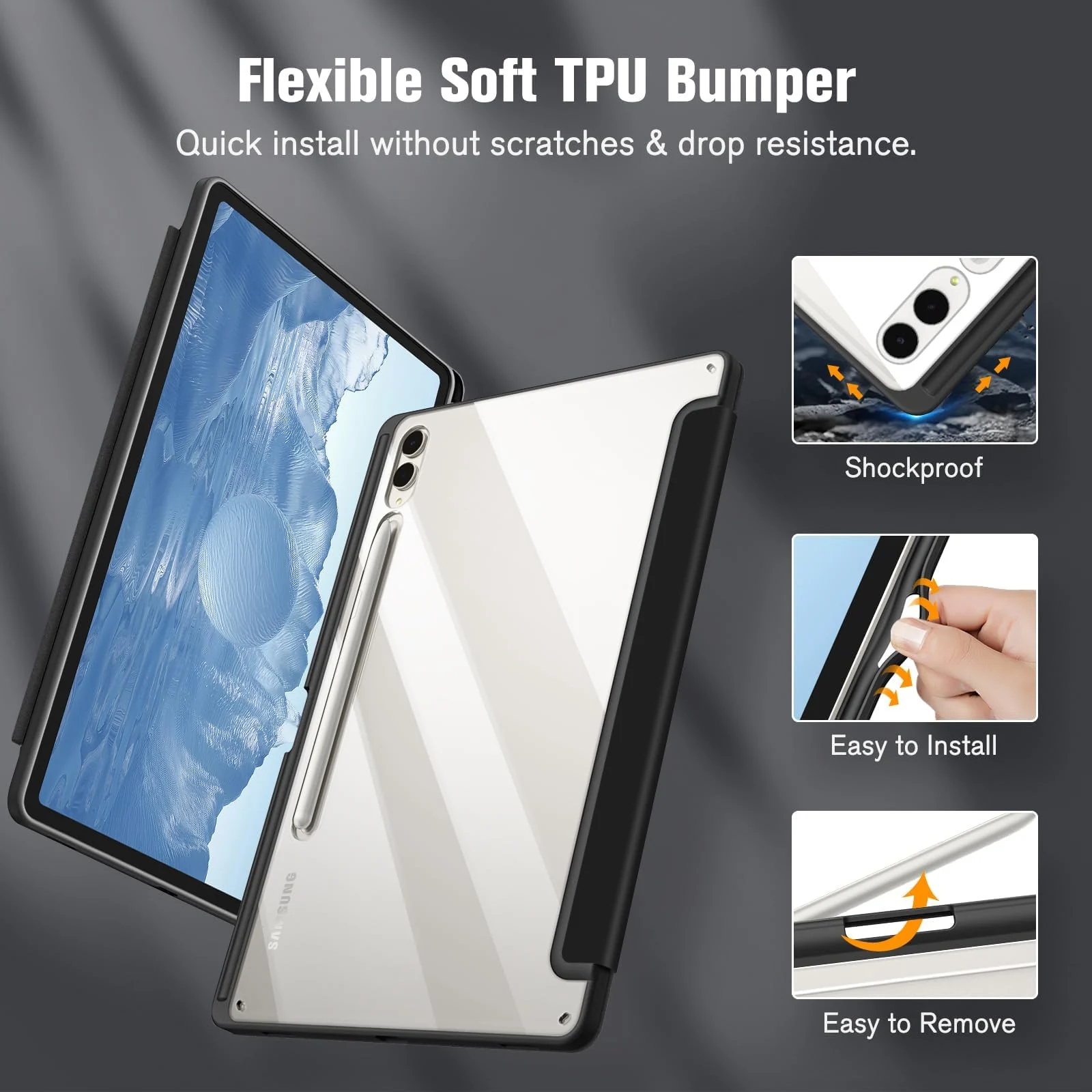 DL3 Mobilak Hybrid Slim Case for Samsung Galaxy Tab S8 Plus 2022/S7 FE 2021/S7 Plus 2020 12.4 Inch with S Pen Holder, Shockproof Cover with Clear Transparent Back Shell, Auto Wake/Sleep - Black