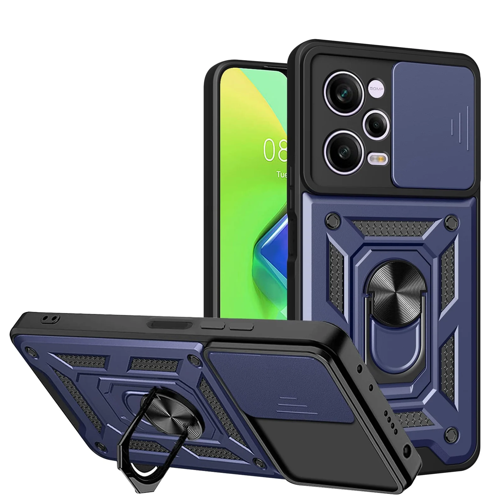 DL3 Mobilak Protective Case with Sliding Camera Cover, Metal Ring Kickstand and Magnetic Car-Mount Support for Xiaomi Redmi Note 12 Pro 5G / Poco X5 Pro 5G - Blue