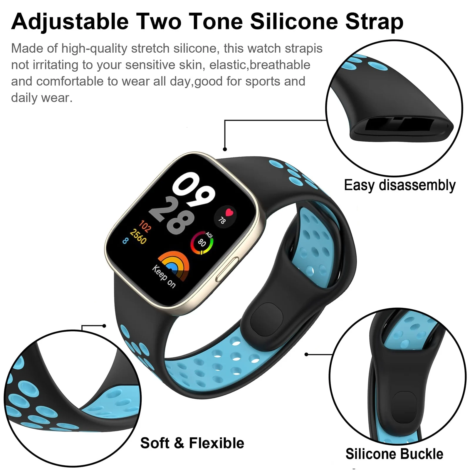 DL3 Mobilak Strap For Xiaomi Redmi Watch 3 (Not for Redmi Watch 3 Lite/Active), [Breathable] Soft Silicone Strap, Two Tone Band, Silicone Replacement Strap - Black