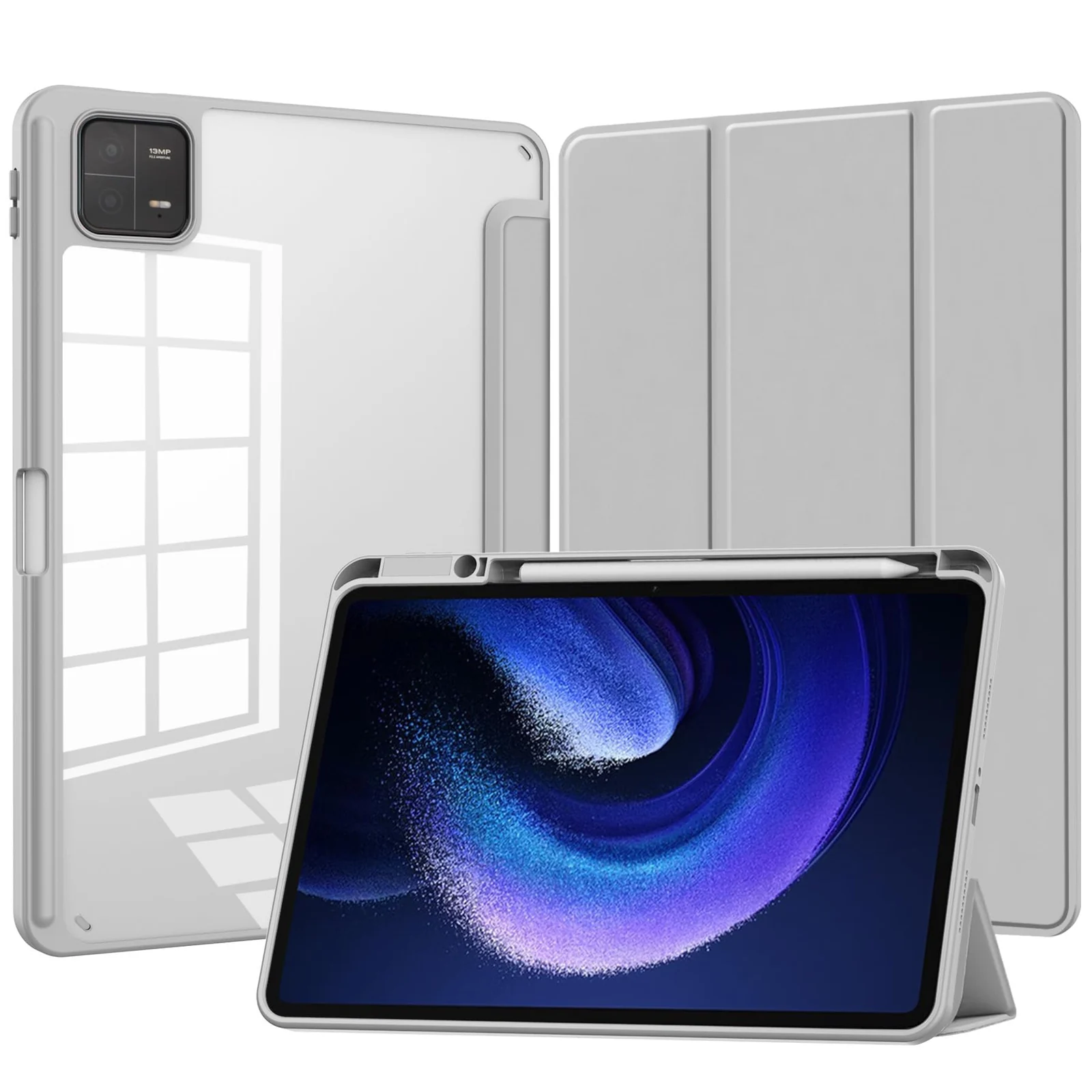 DL3 Mobilak Case for Xiaomi Pad 7 / Xiaomi Pad 7 Pro 2024 11.2 inch, Clear Shockproof Back Cover Built-in Pencil Holder, Auto Sleep/Wake - Gray