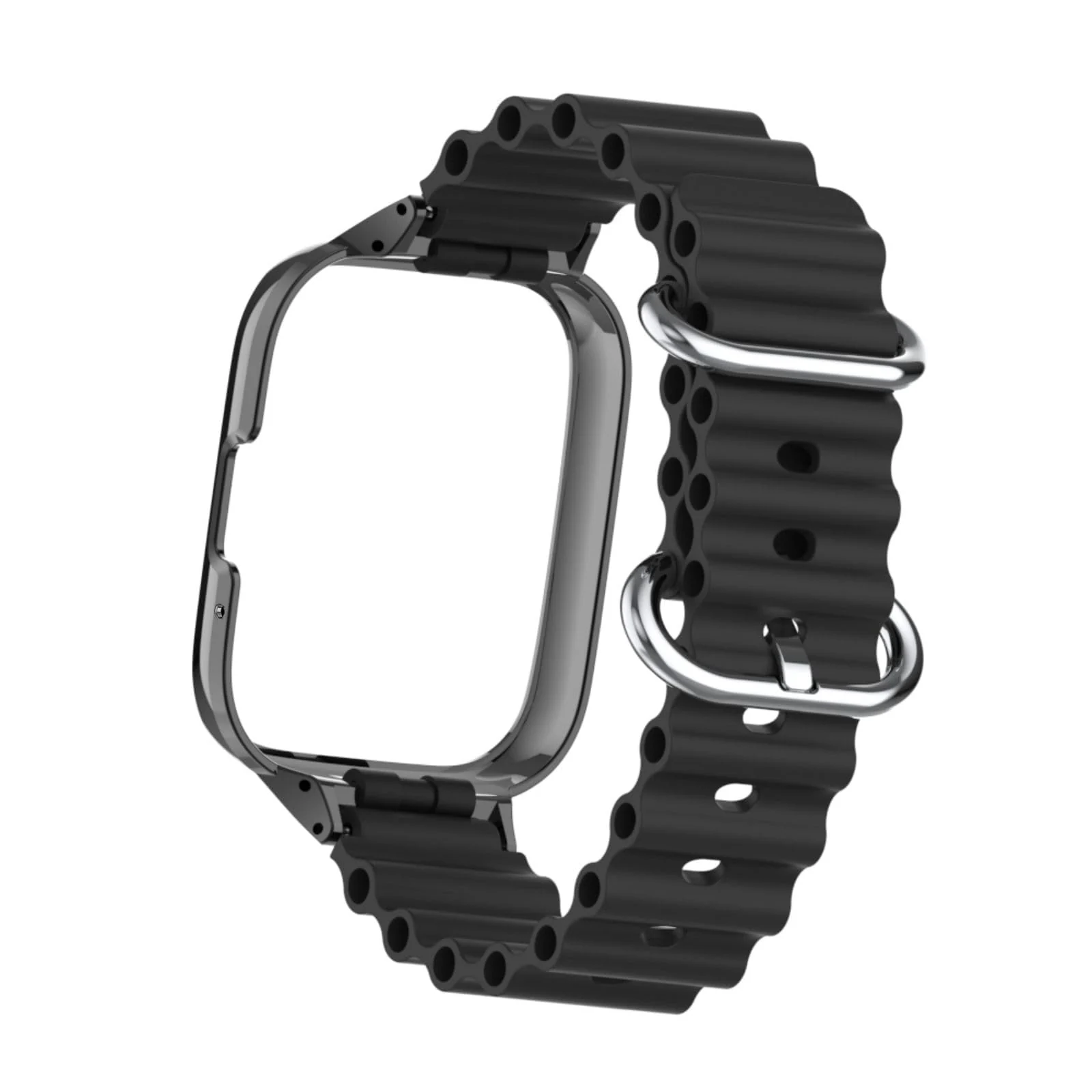 DL3 Mobilak Ocean Strap Compatible with Xiaomi Redmi Watch 3 Lite/Redmi Watch 3 Active, Adjustable Silicone Strap with Metal Buckle, Band With Frame Metal Women Men Replacement Strap - Black
