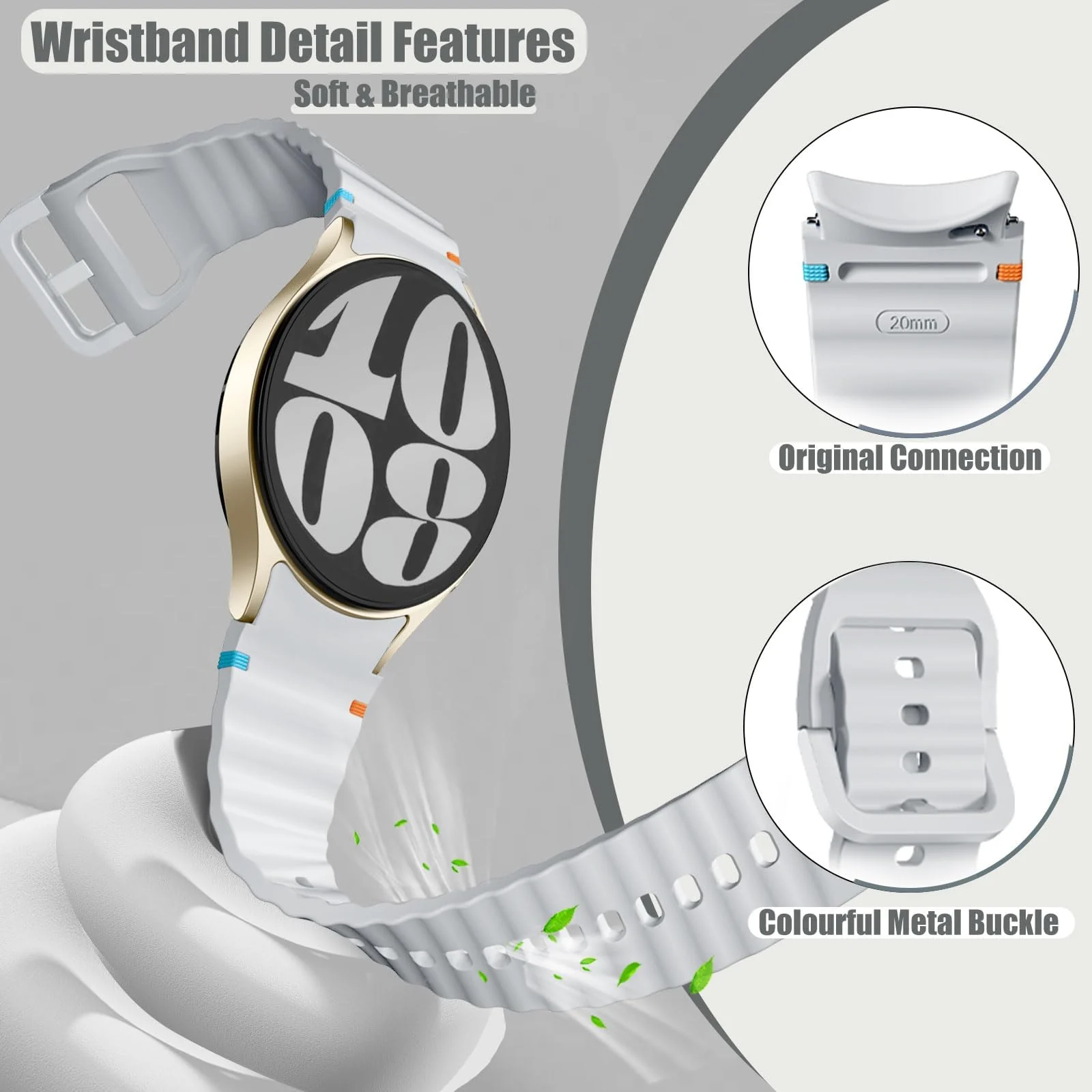 DL3 Mobilak No Gap Sport Bands For Samsung Galaxy Watch 7 6 5 4 FE Strap 40mm 44mm, Soft Silicone Sport Band for Galaxy Watch 6 Classic Straps 47mm 43mm/Galaxy Watch 5 Pro/Watch 4 Classic 42mm 46mm for Men Women - Bright Grey