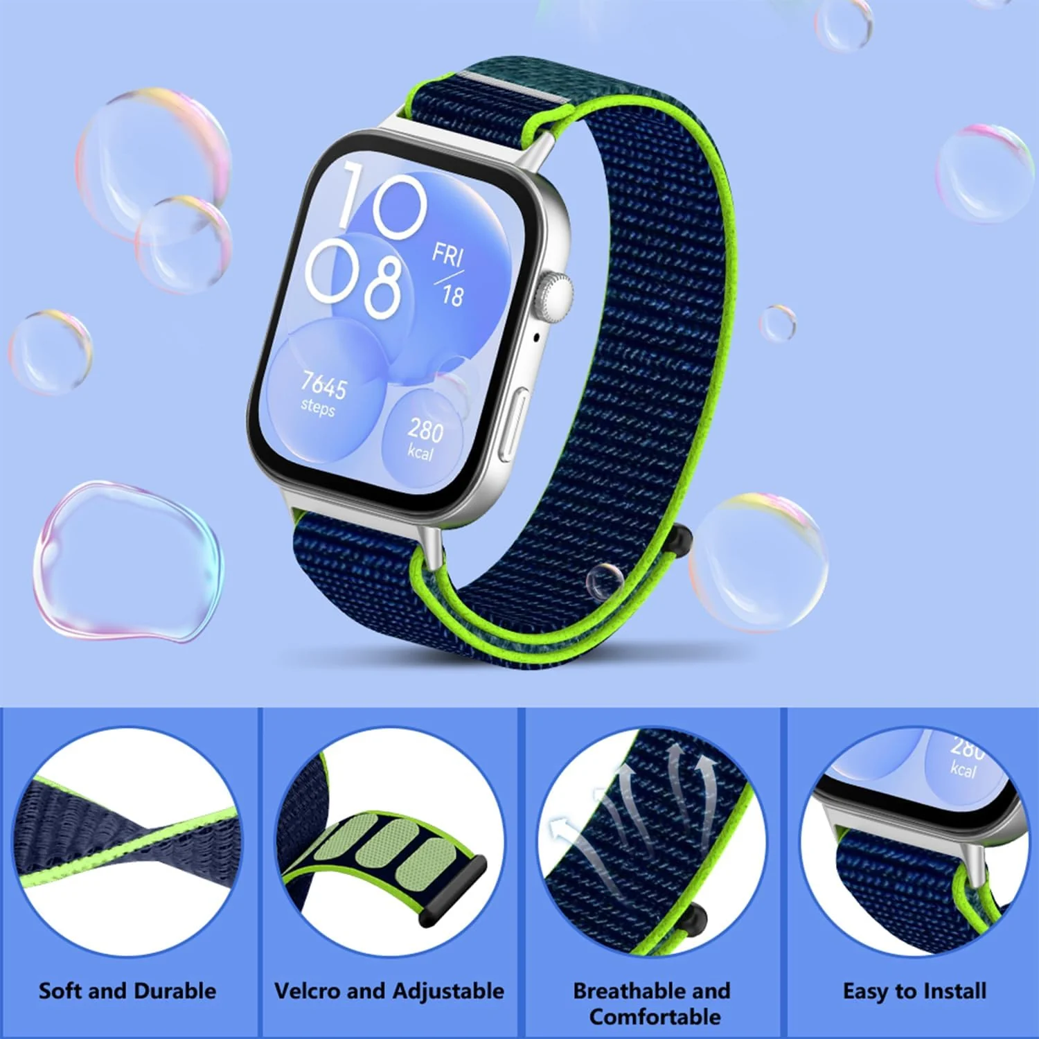 DL3 MOBILAK Nylon Strap for Huawei Watch Fit 5 / Fit 5 Pro / Fit4 / 4 Pro/Fit 3 Band, Men and Women Breathable Elastic Bracelet, Adjustable Straps Replacement Band Sport Watchband - Blue Green