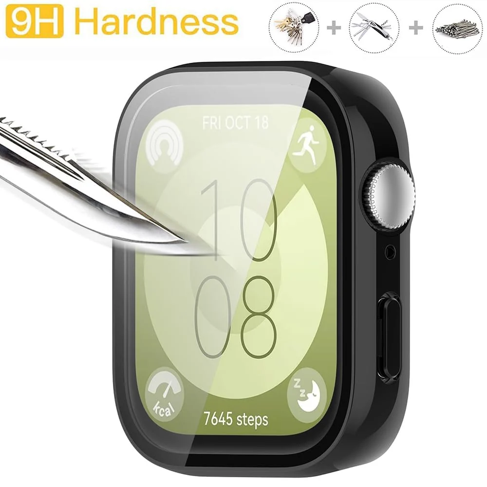 DL3 Mobilak Case Compatible with Huawei Watch Fit 3, Full Coverage Slim Hard Case Protective Bumper Built-in Tempered Glass Screen Protector Shell for Huawei Watch Fit 3 - Black