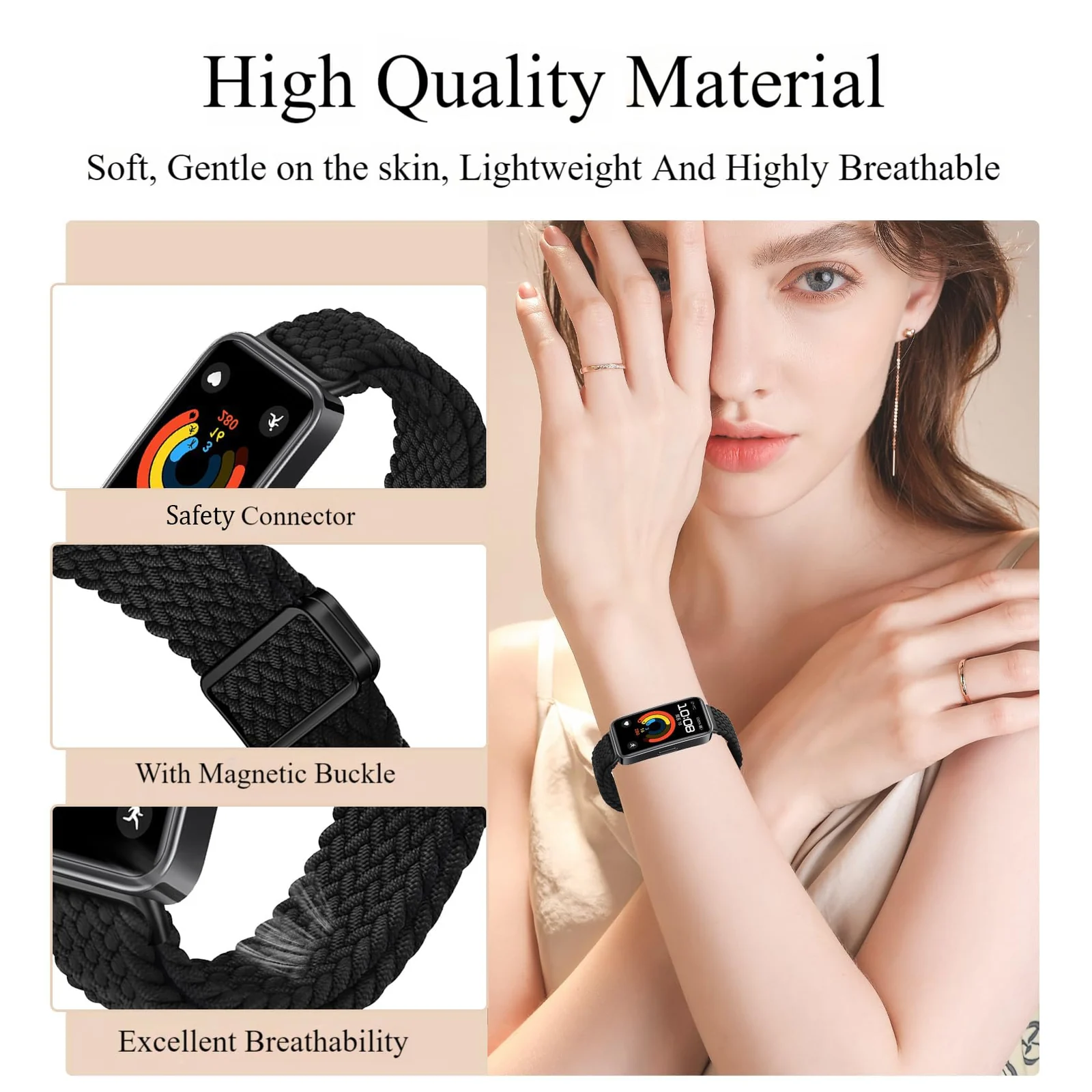DL3 Mobilak Braided Strap for Huawei Band 9/Huawei Band 8 for Men Women, Adjustable Nylon Sport Elastic Loop Band with Magnetic Clasp for Huawei Band 9/Huawei Band 8 Smartband - Black