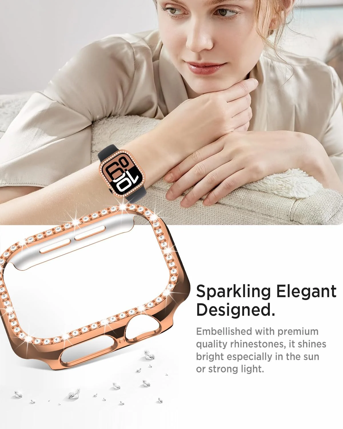 DL3 Mobilak Bling Case Without screen protector for Apple Watch Series 10 42mm, Hard PC Frame Case, Crystal Diamonds Bumper Cover for Women Girls, Slim Protective Cover for iWatch 10 42mm - Rose Gold