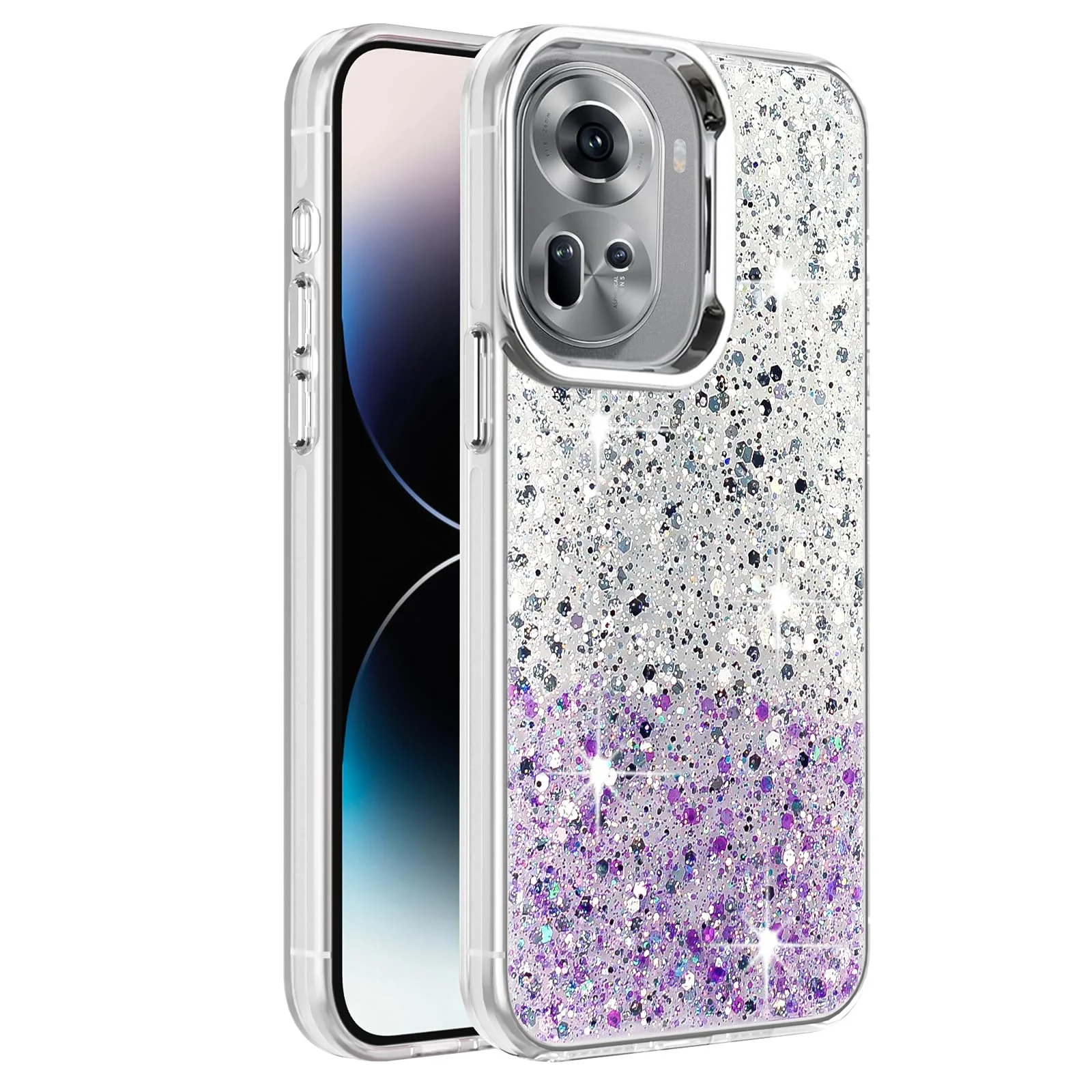 DL3 Mobilak Glitter Protective Case for OPPO Reno11 5G / Reno 11 Pro 5G, Supports wireless charging, Camera protection, Shock-absorbing protection - White Purple