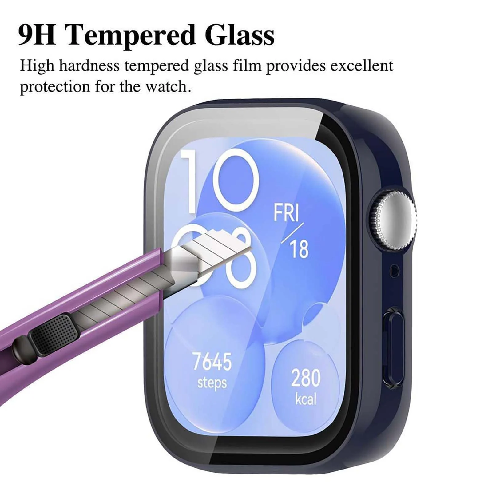 DL3 Mobilak Case Compatible with Huawei Watch Fit 3, Full Coverage Slim Hard Case Protective Bumper Built-in Tempered Glass Screen Protector Shell for Huawei Watch Fit 3 - Blue