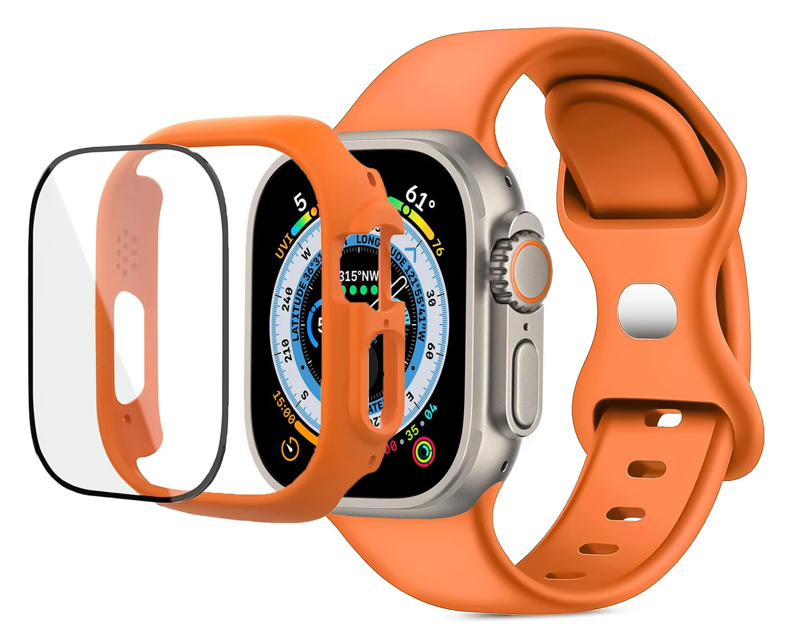DL3 Mobilak Band with Case For Apple Watch Ultra/Ultra 2 49mm, Adjustable Silicone Sport Wristband Replacement, Strap With Cover Built-in Glass Screen Protector for iWatch Ultra 49 mm - Orange