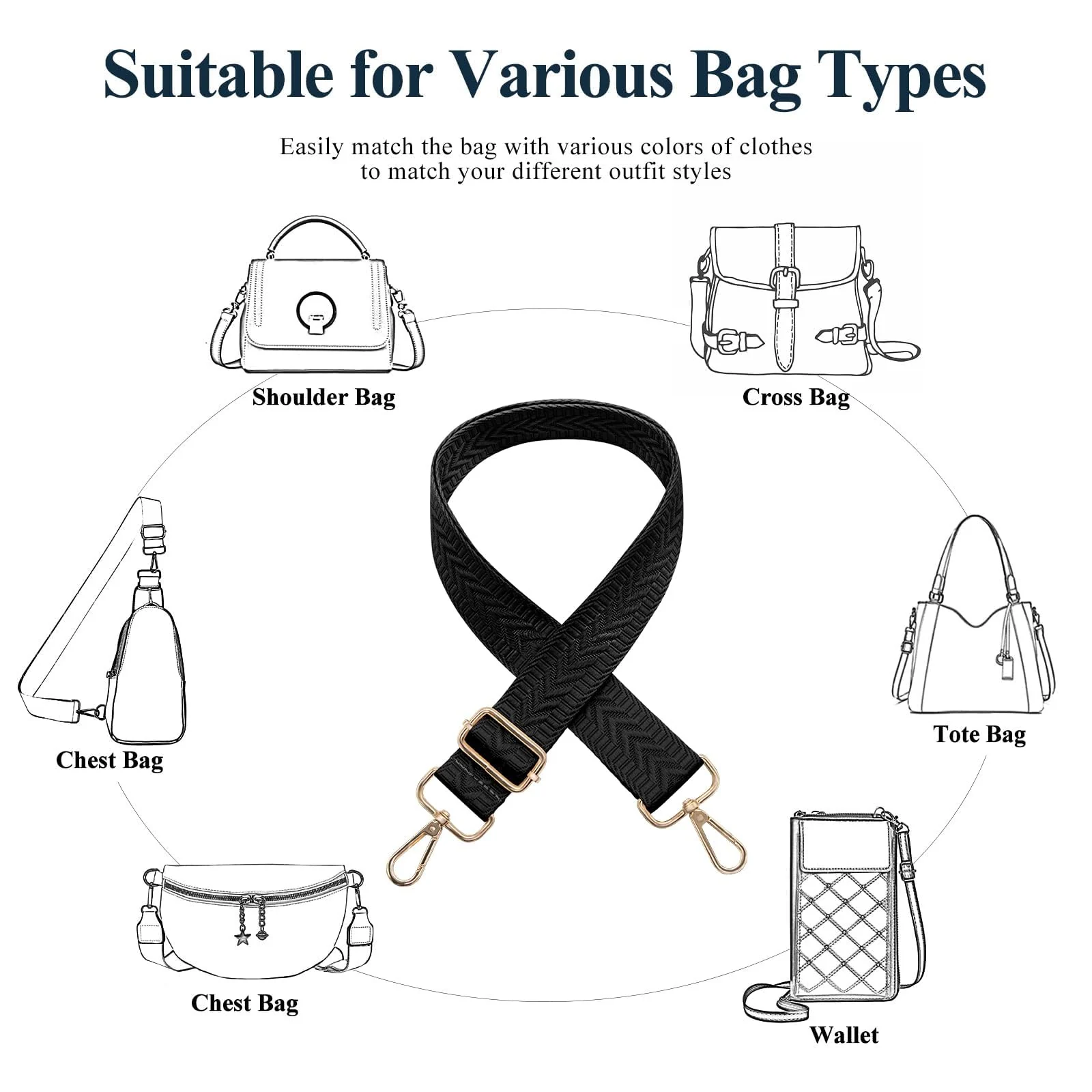 DL3 Mobilak Adjustable Wide Crossbody Bag Strap for Women, Replacement Shoulder Strap for Handbags, Totes & Purses with Elegant Embroidered Pattern and Metal Hooks - Black Arrow