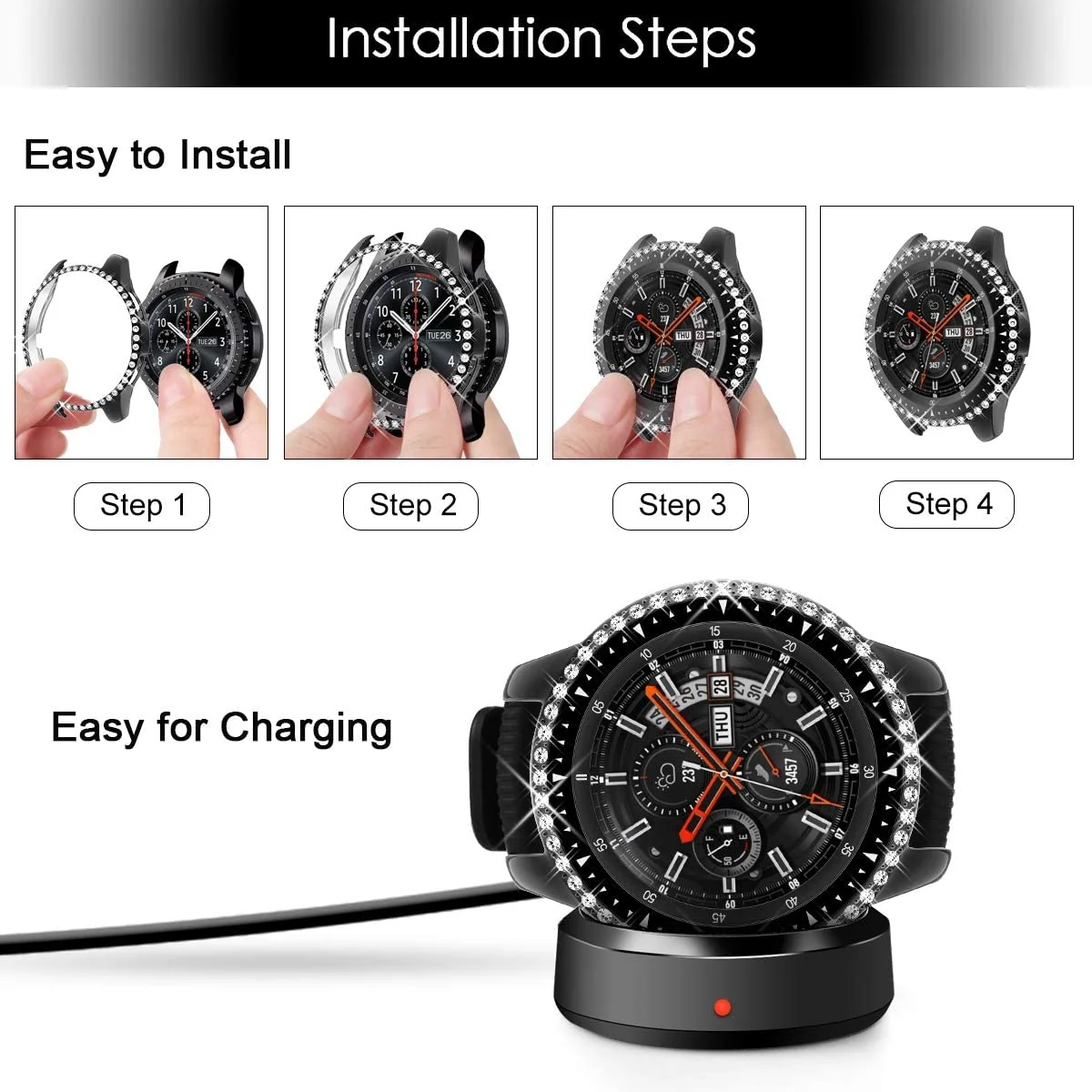 DL3 Mobilak Bumper Diamond Case Compatible with Samsung Galaxy Watch 46mm, Gear S3 Frontier Case (NOT fit for -R770), Bling Crystal Diamonds PC Plastic Protector Case Cover Frame - Black