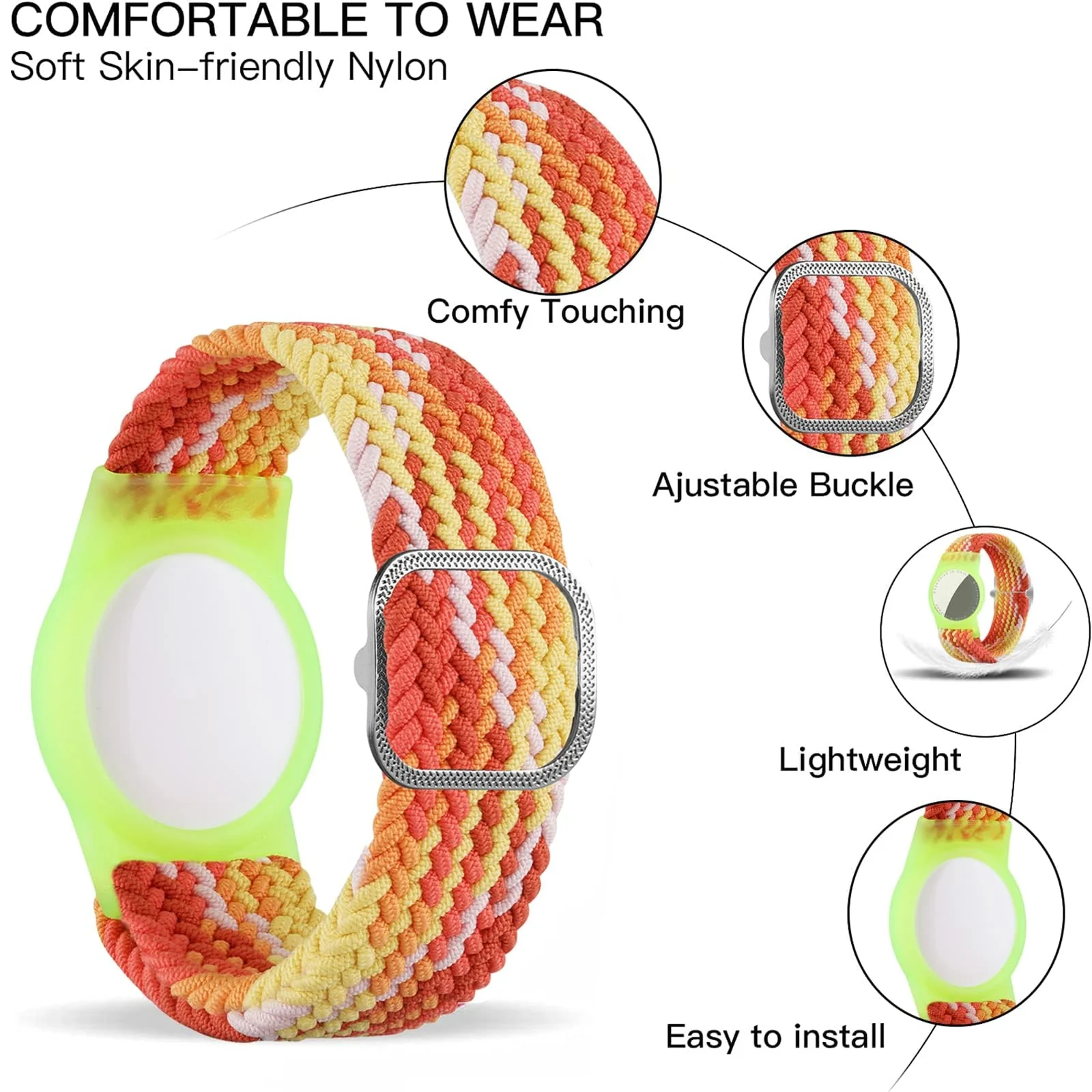 DL3 Mobilak Bracelet for Kids Compatible with AirTag, Nylon Stretch Braided Air Tag Wristband, Protective Case for Airtag GPS Tracker Holder, Adjustable Elastic Watch Strap for Toddler Child Elde - Colorful Orange