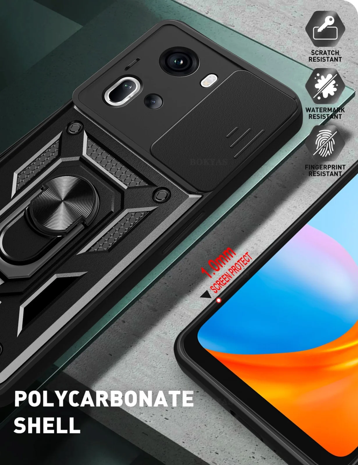 DL3 Mobilak Silicone Protective Case for OPPO Reno 11 5G with Slide Camera, Built-in magnetic car-mount support, Shock-absorbing protection, Built-in kickstand - Black