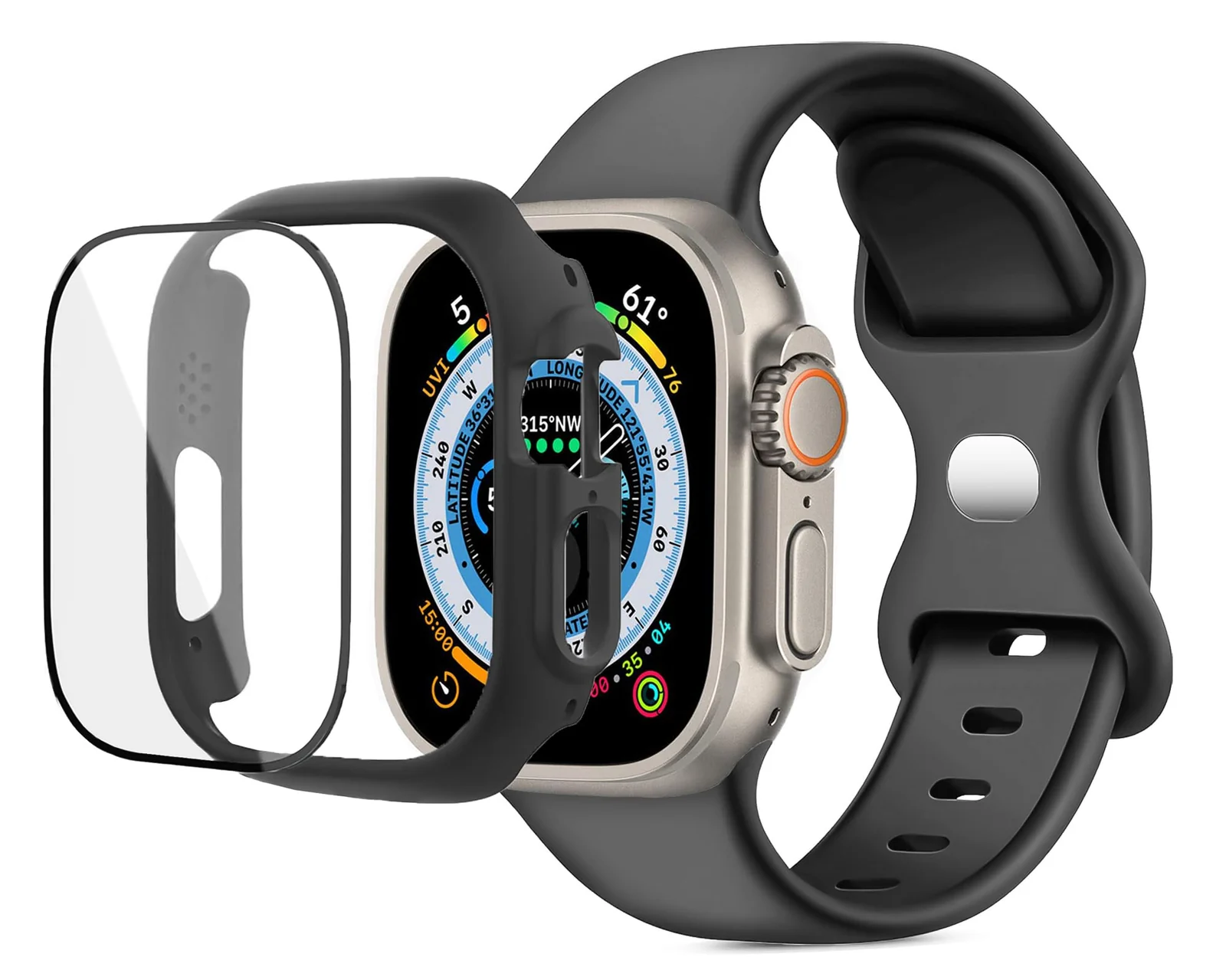 DL3 Mobilak Band with Case For Apple Watch Ultra/Ultra 2 49mm, Adjustable Silicone Sport Wristband Replacement, Strap With Cover Built-in Glass Screen Protector for iWatch Ultra 49 mm - Black
